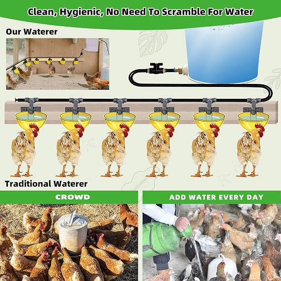 (10Cups) Complete Set Pipeline Automatic Chicken Waterer System, Innovative Quick-Connect Water System with Large Size Water Cups Removable and Washable, 21ft Pipeline and Float Valve
