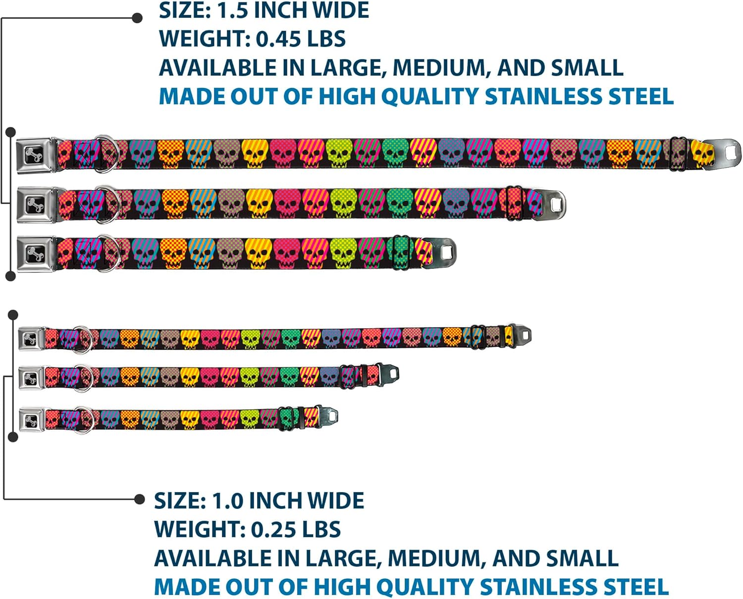 Buckle-Down Seatbelt Buckle Dog Collar - Checker & Stripe Skulls Black/Multi Neon - 1.5" Wide - Fits 18-32" Neck - Large