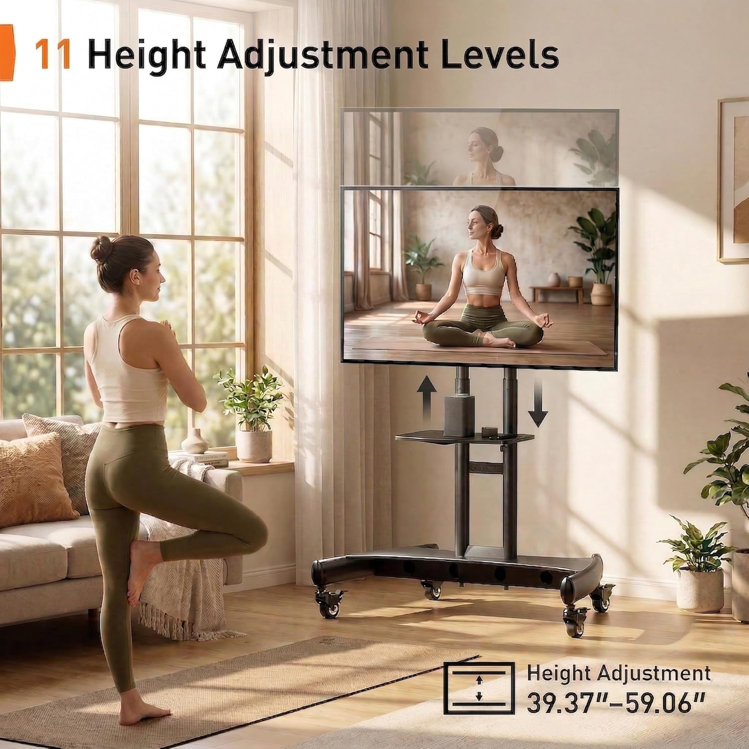 Perlegear Rolling TV Stand for 32-82 Inch Flat/Curved LED/LCD/OLED TVs, Outdoor Mobile TV Carts on Wheels with Adjustable Shelf, VESA 600x400mm up to 100lbs, Portable Mount with Wheels PGTVMC05-1