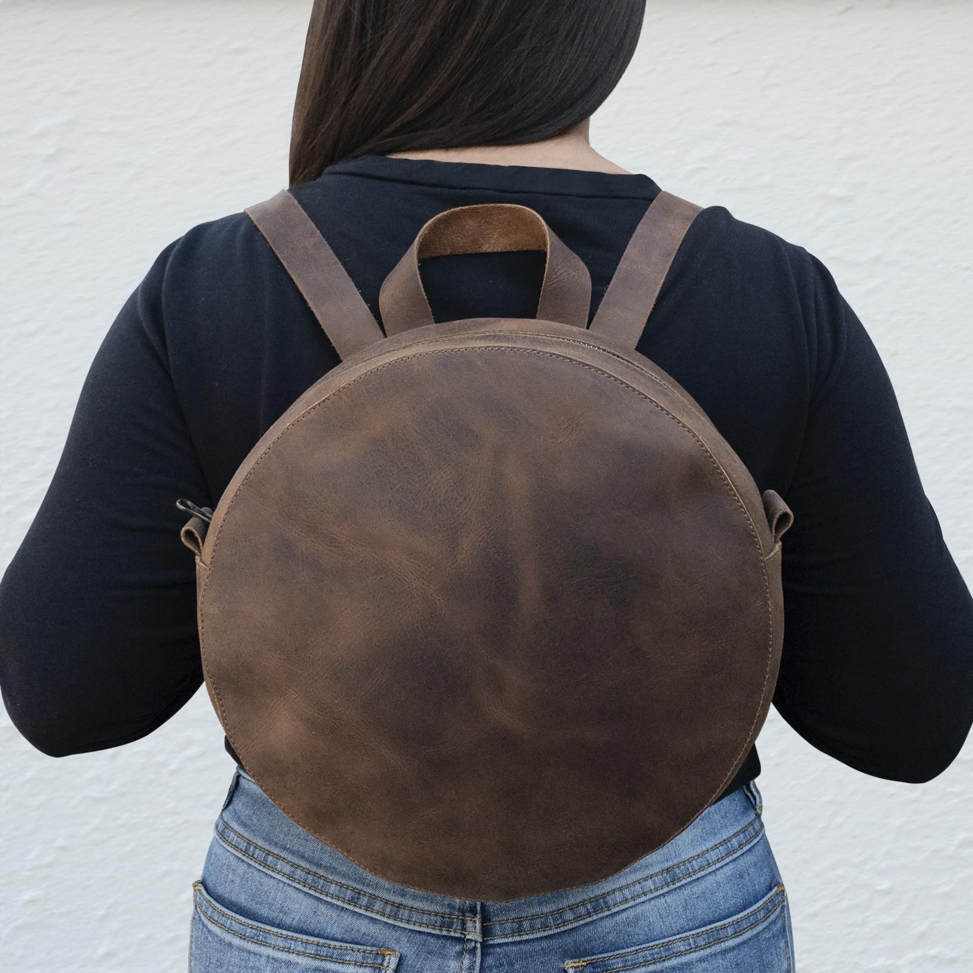 Heather's, Circular Backpack with Adjustable Straps, Travel Accessory, Casual Daypack, Full Grain Leather, Handmade, Bourbon Brown