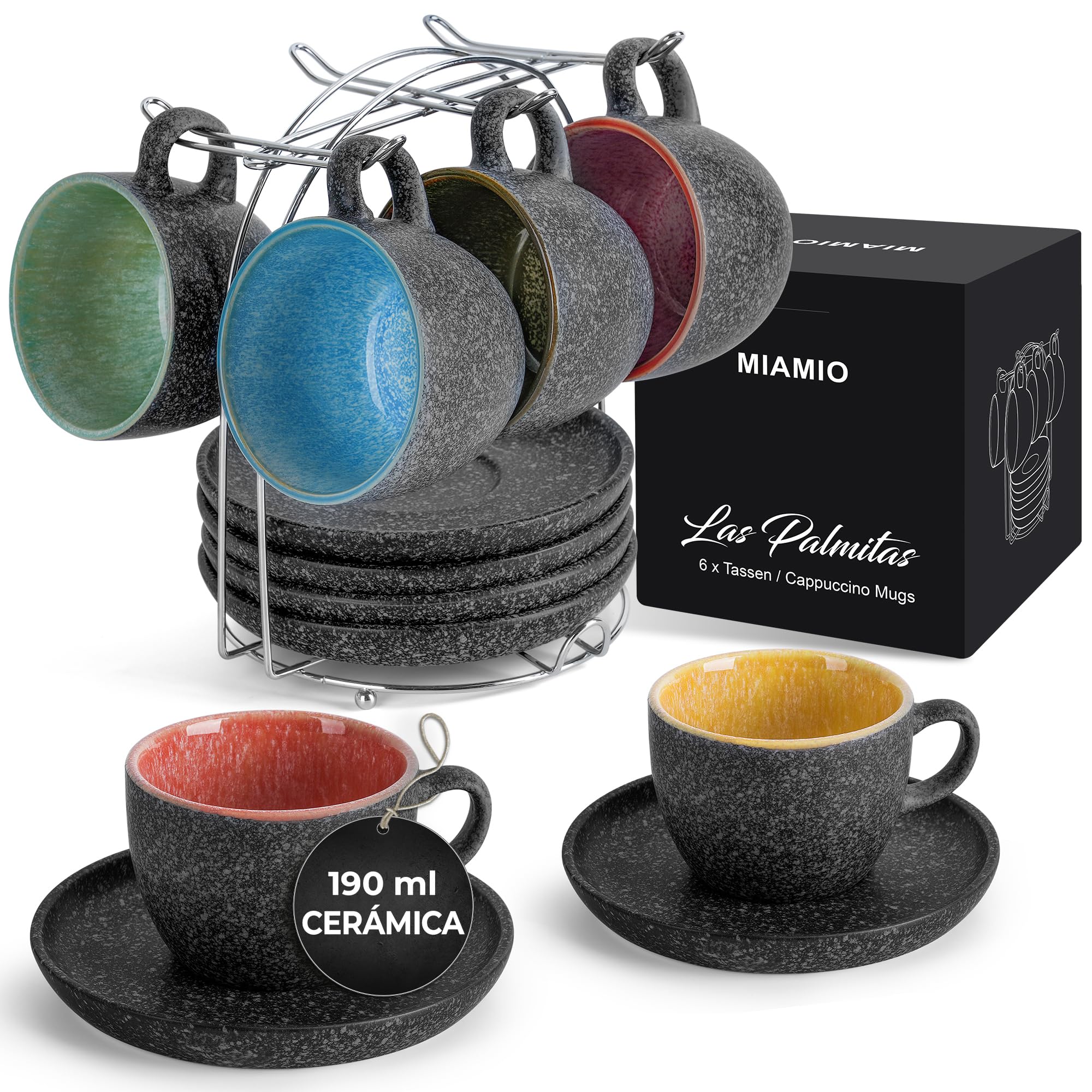 MIAMIO – Taza de Capuchino Apilable de Cerámica de 190 ml con Platillos y Soporte de Metal – Juego de 6 tazas de Capuchino de Gres para Bebidas Especiales de Café, Americano – Colección Las Palmitas