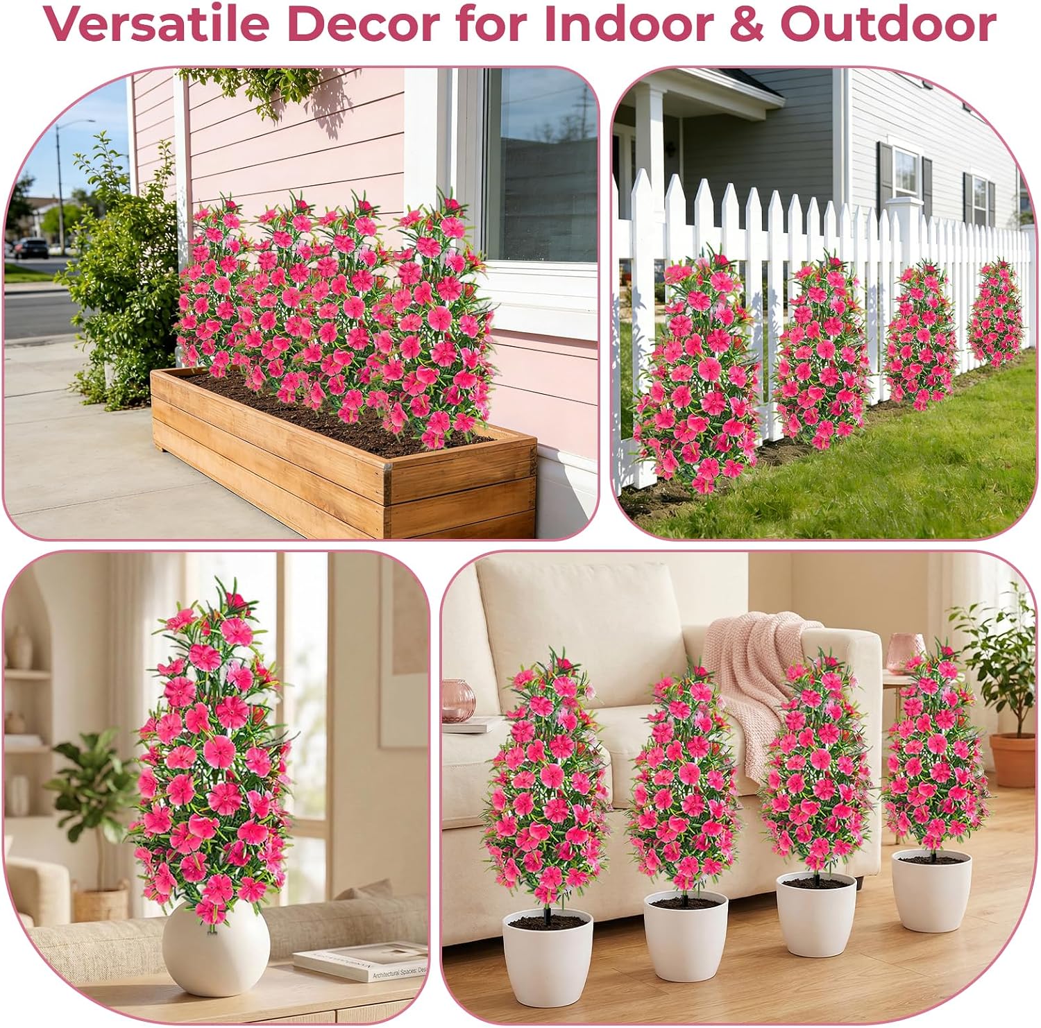 4 Pack Artificial Topiary Trees with Flowers for Outdoor, 19" Artificial Fake Shrubs Bushes with Ground Spike, UV Resistant Artificial Plants for Home Garden Yard Porch Patio Decor (Rose Red)