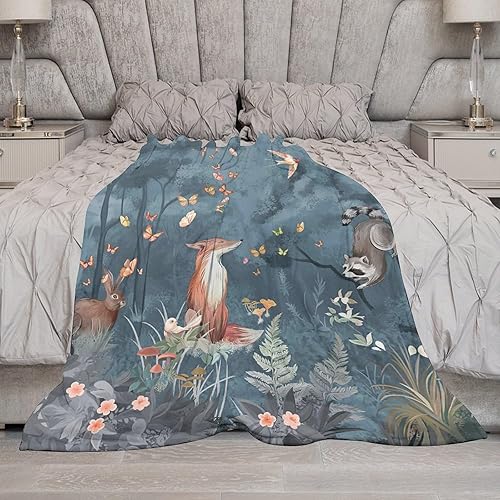 Miniatura 6 de Manta con estampado de zorro, conejo, panda rojo, animales del bosque, para sofá, decoración de sofá, suave y acogedora, manta de franela de felpa
