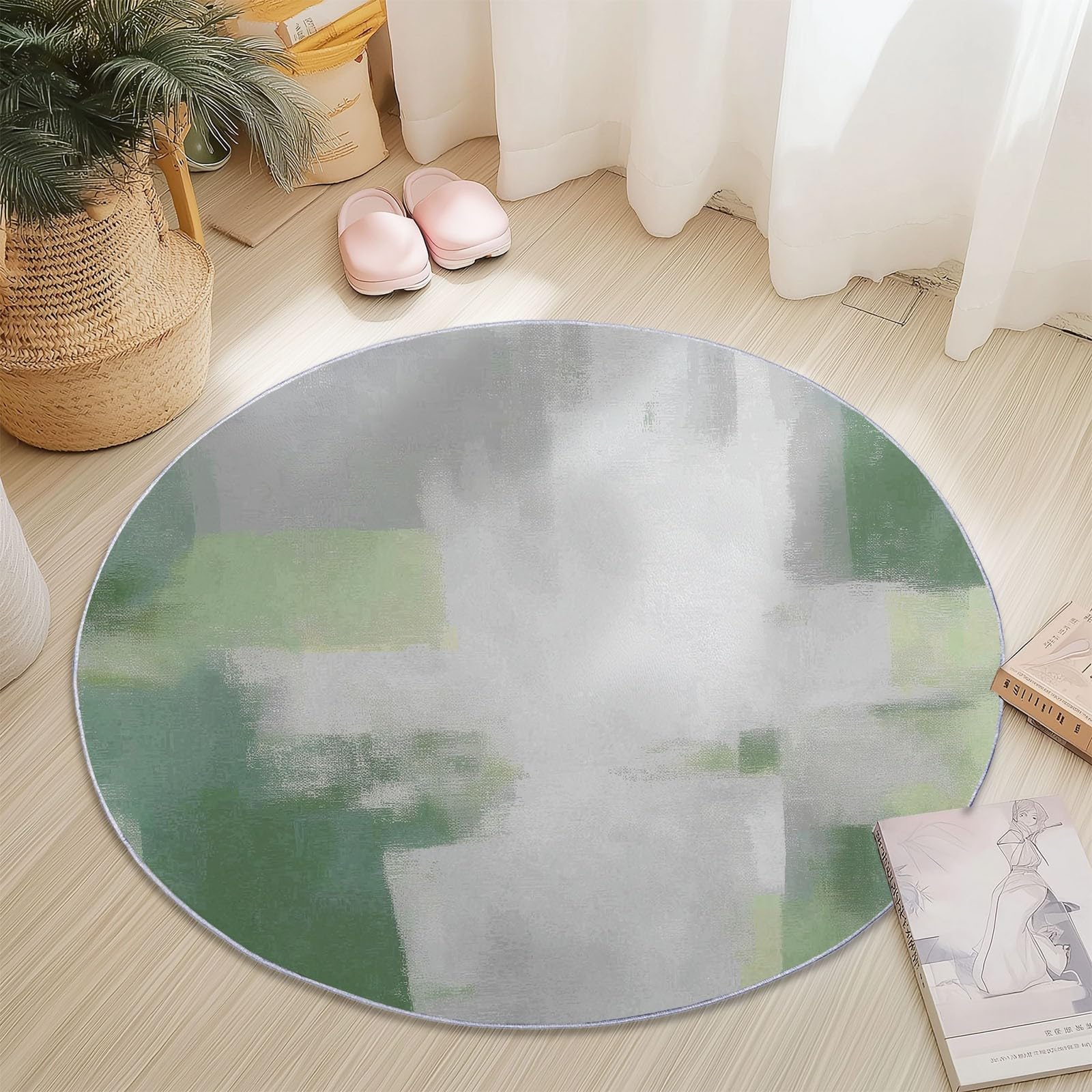Tapis rond lavable 180cm style abstrait vert pour salon et chambre