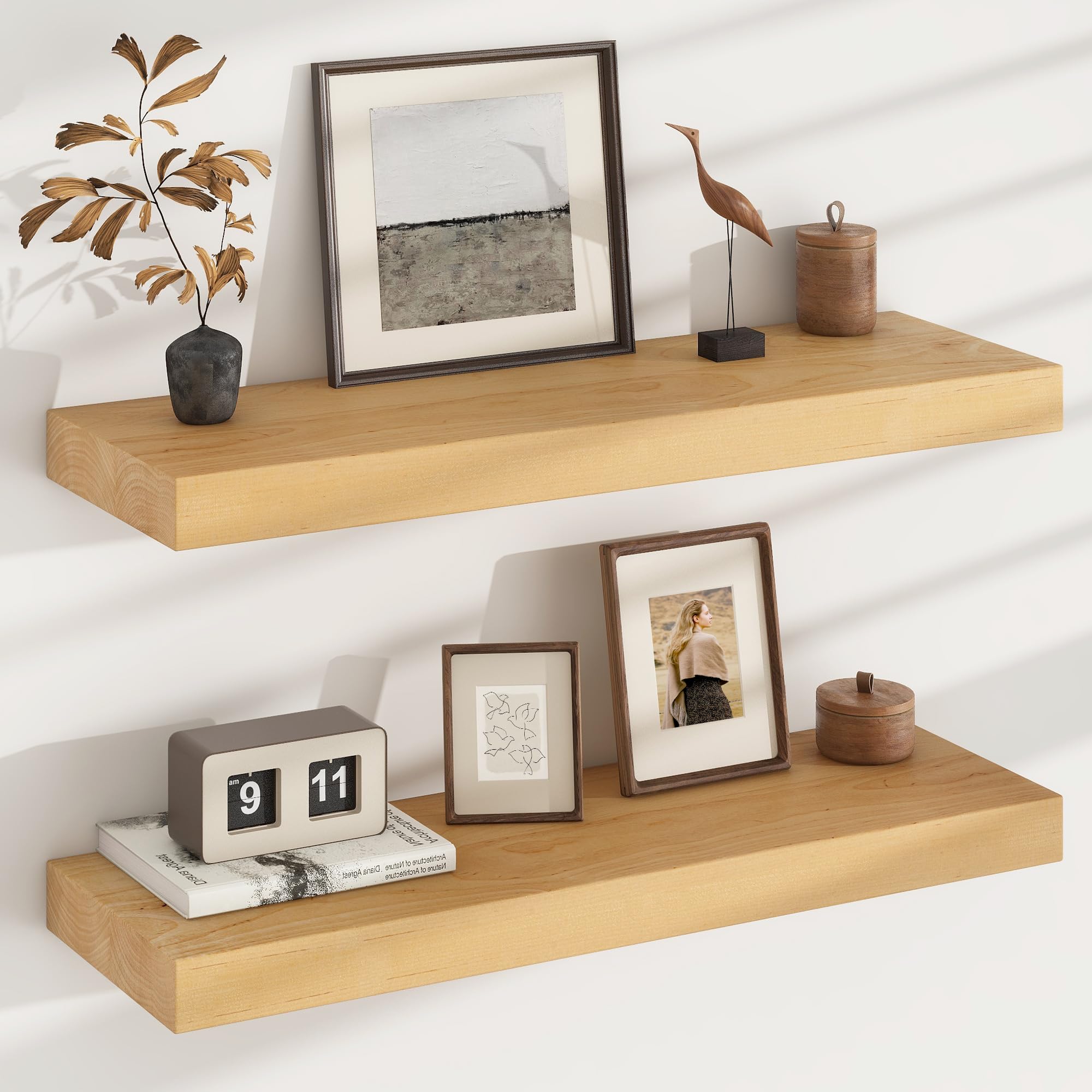 Floating Shelves for Wall, USA-Sourced Brich Wood 30 Inch Wall Shelves Set of 2, Natural Wooden Mounted Picture Ledge Shelf, Nursery Book Storage Shelf Kids Bookshelf Display, Shelf for Bathroom