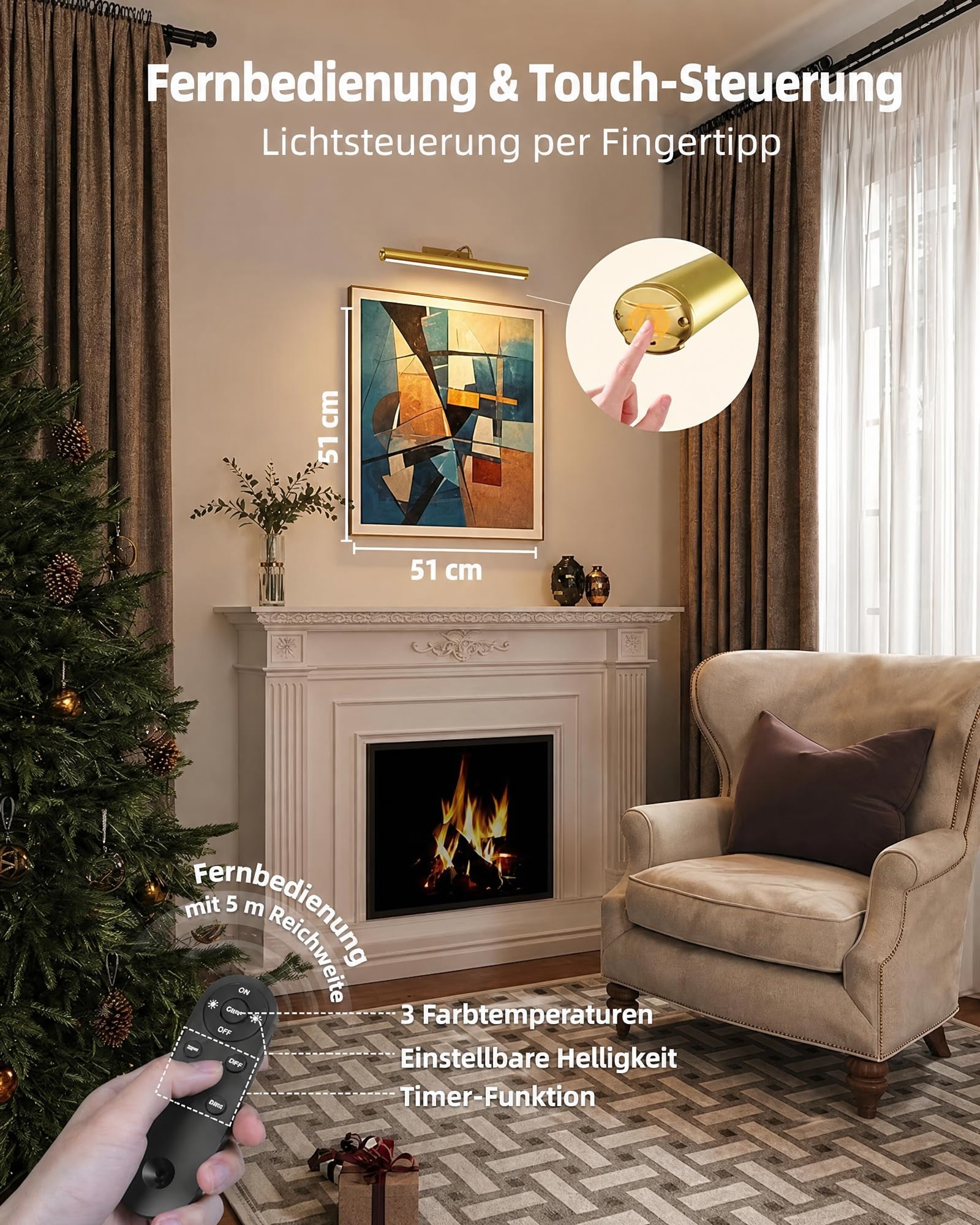 EZVALO Bilderleuchte Kabellos, 33 cm LED Bildbeleuchtung mit 4000mAh wiederaufladbarem Akku, Fernbedienung, Dimmbar, 3 Farbtemperaturen, Wandlampe für Bilder und Gemälde