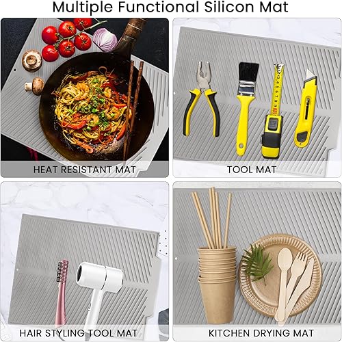 Miniatura 4 de SHARMA - Tapete de silicona para secar platos con borde de drenaje, almohadilla para secar platos, tapete escurridor de platos antideslizante y