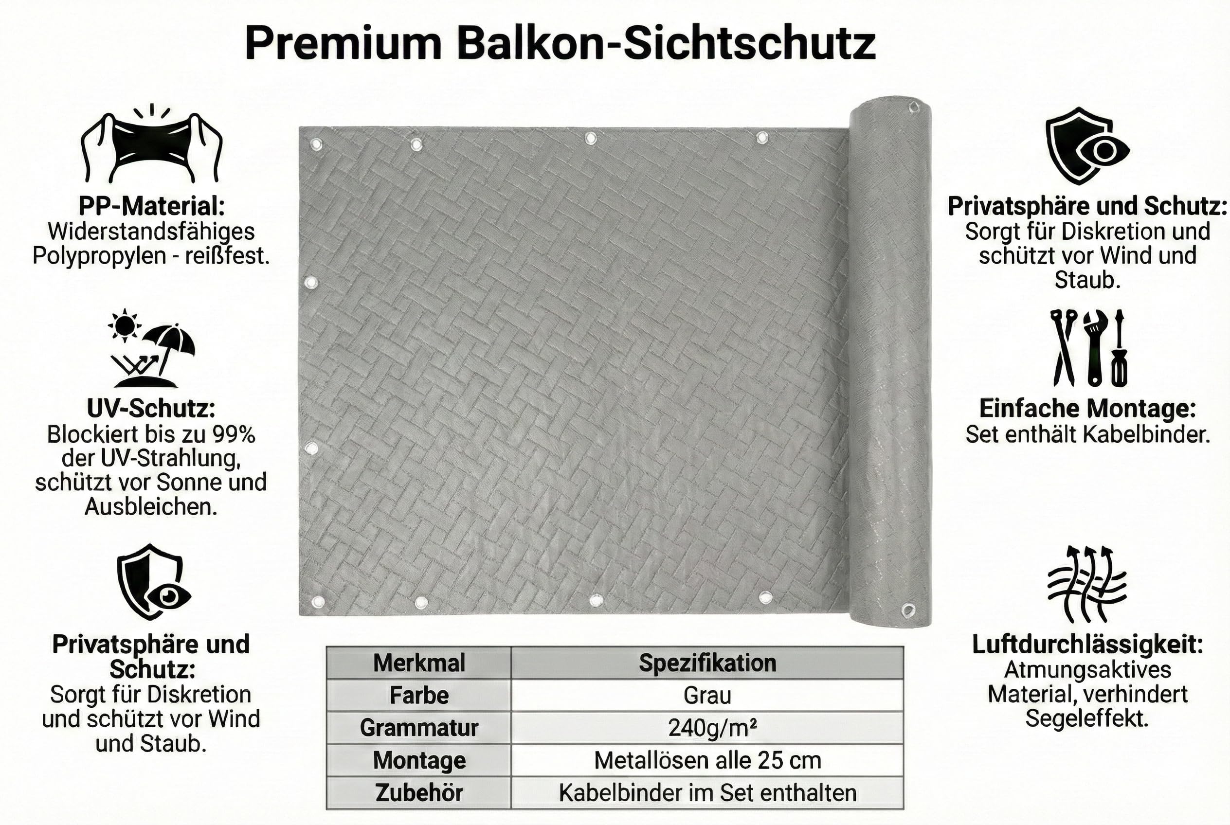 COVER IT Frangivista per Balcone Premium 240 g/m² 80 x 700 cm – Schermo Privacy Grigio