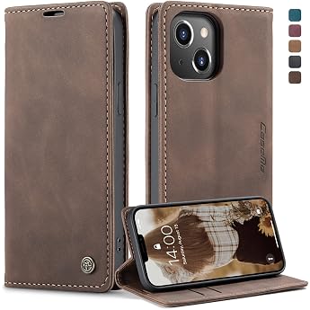 Case iPhone 13 Flip Case Premium Leather Case Soft Vintage Nubuck Leather Foldable Stand Protective Case Card Slot Stand Function Shockproof Mobile Phone Case iPhone 13 Coffee