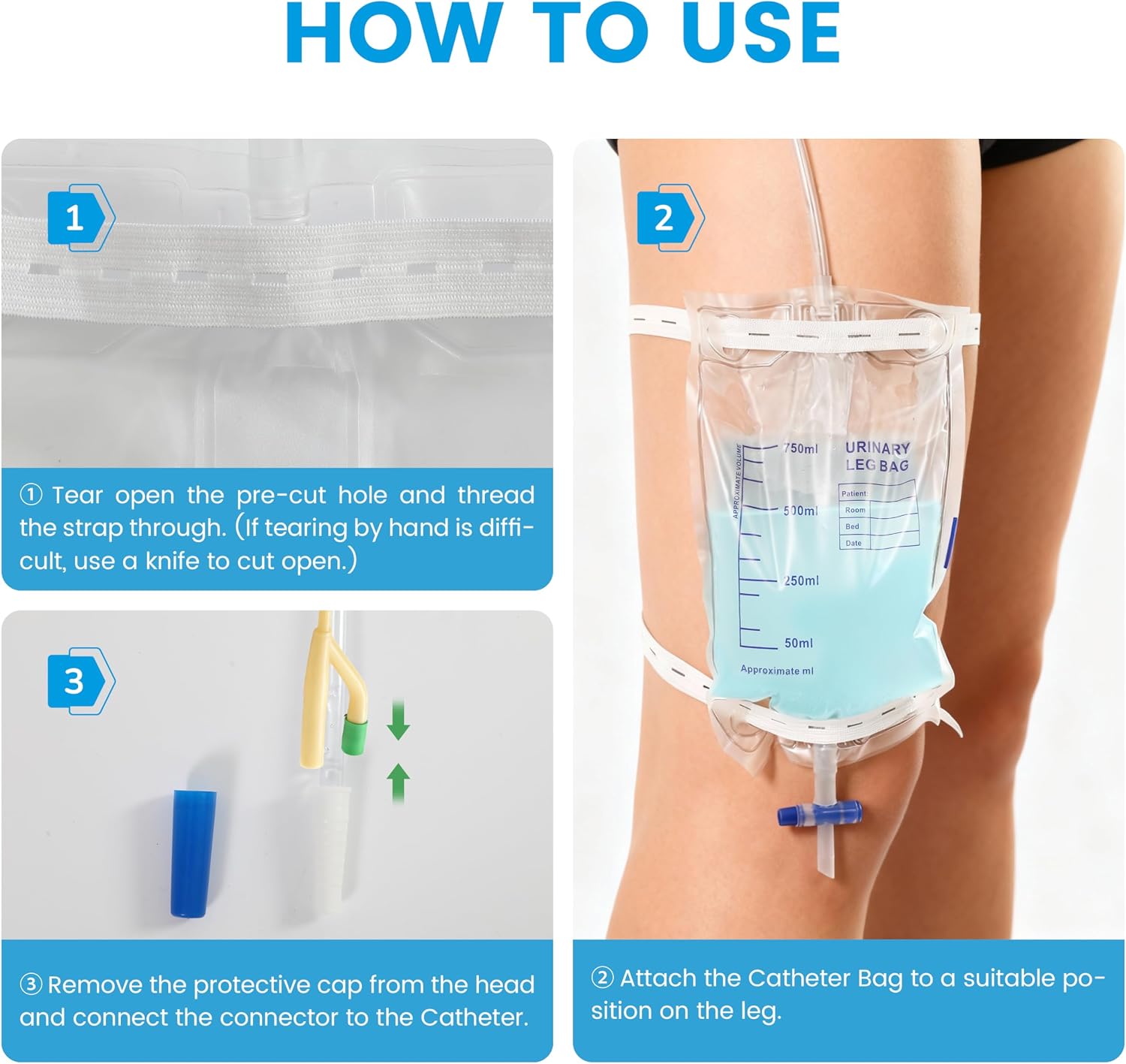 6 Pack Catheter Leg Bags, Easy-Tap Leg Bag Urinary Drainage Bag, 2 Adjustable Elastic Straps, 25.4 Fl Oz Volume with 20.5''Tubing, Anti-Reflux Valve, Advanced Push-Pull Drain for Easy Disposal