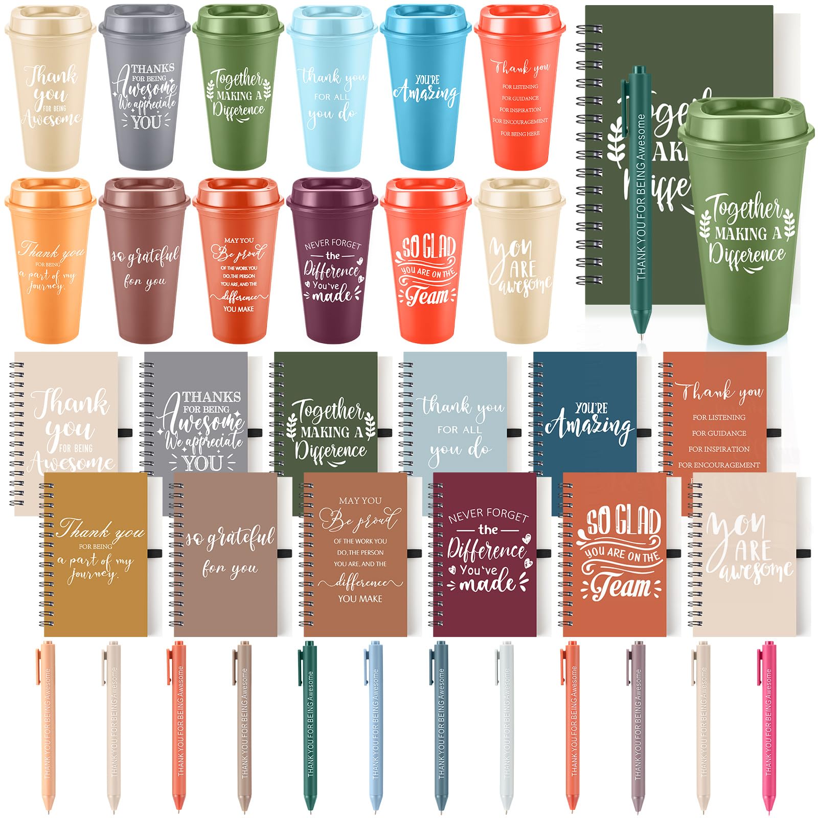 LemonRoad Set di 36 bicchieri in plastica con coperchio, con cannuccia e penna a spirale, regalo di ringraziamento per ufficio e team (moderno, luminoso)