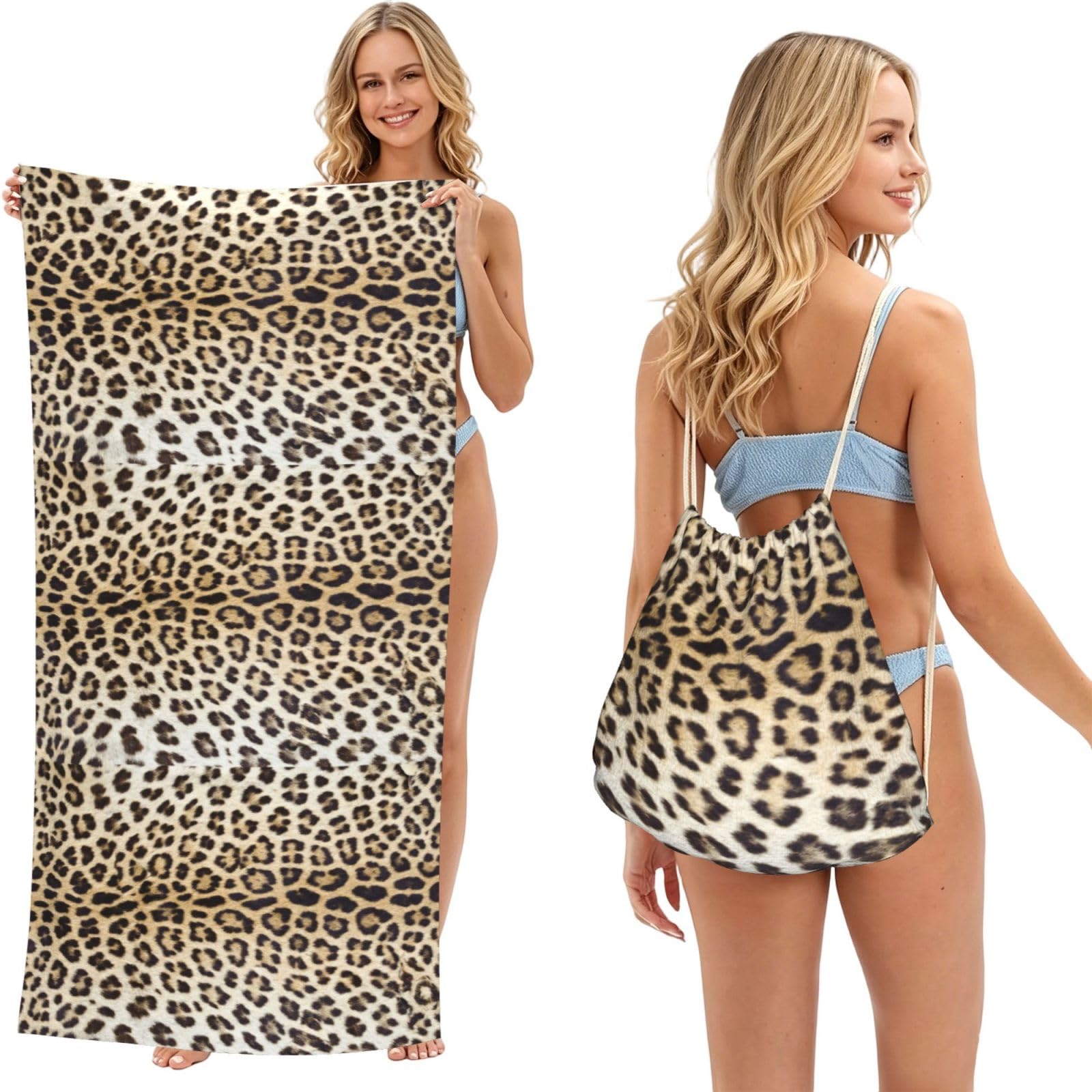 Poadnly Leopard Print (2), 2 in 1 Packable Towel Bag, Beach Towels with Drawstring Backpack for Travel Holiday Camping