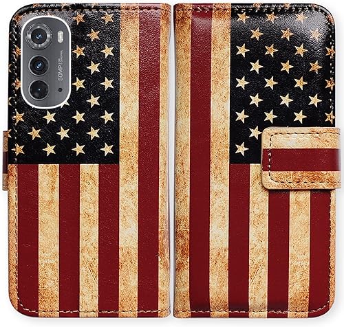 Funda para Motorola Edge 2022, funda de piel con tapa para teléfono con diseño de bandera estadounidense retro con ranura para tarjetas, soporte