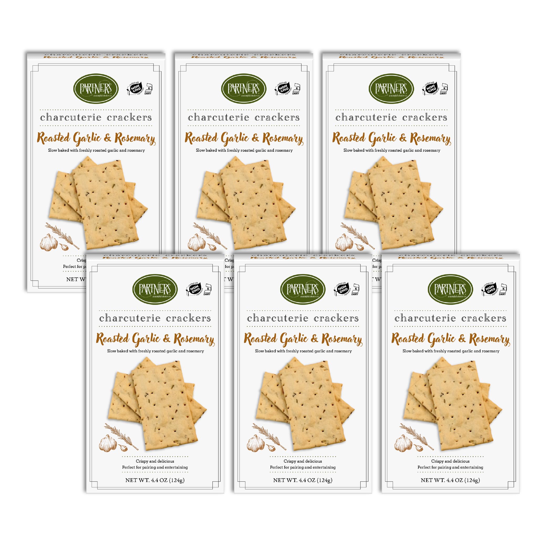 Partners Hors d'Oeuvre Crackers, Roasted Garlic & Rosemary, 4.4 Ounce (Pack of 6), Made with Real Ingredients, Non-GMO, Kosher