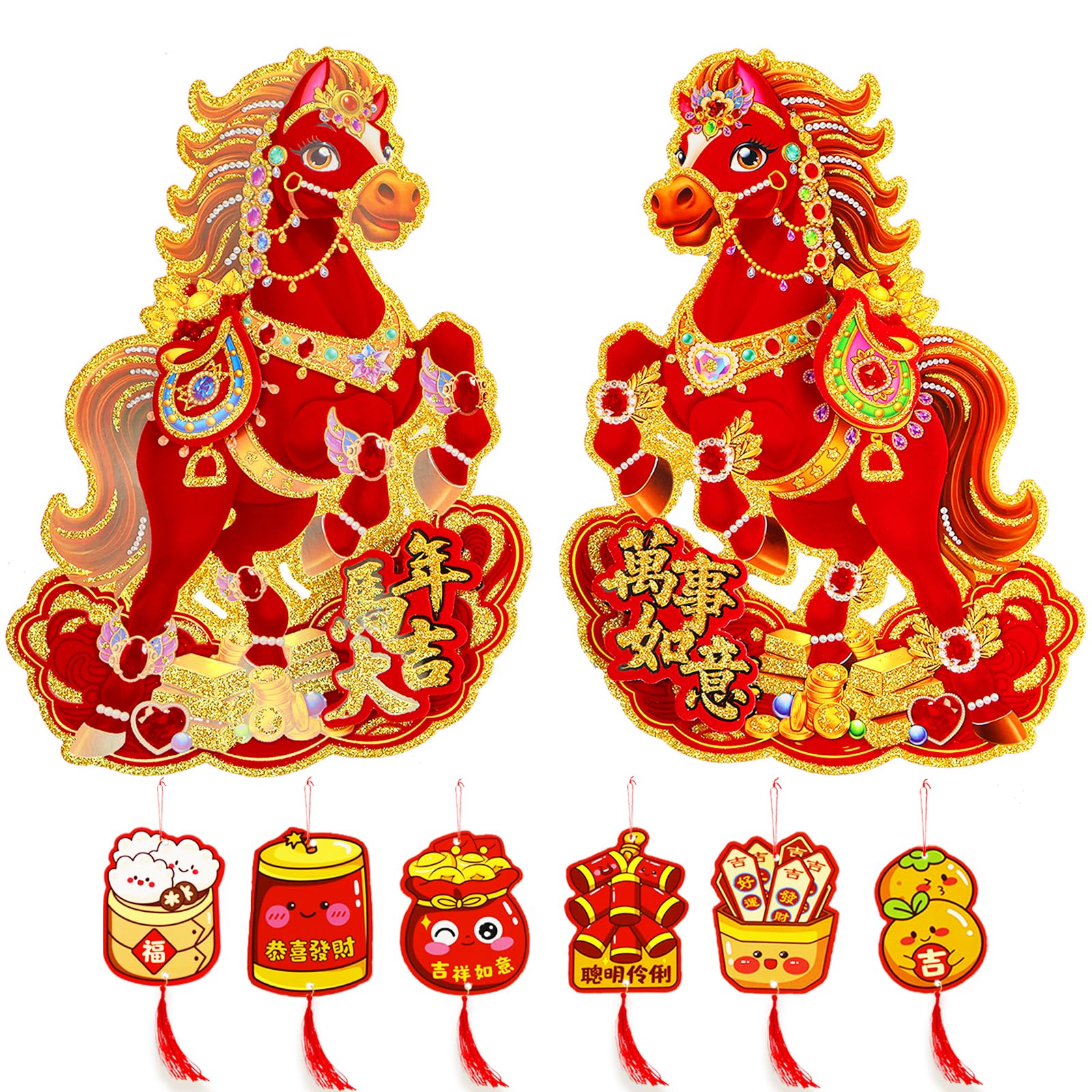 Chinese New Year Decorations Door Sticker 2026 with Lucky Hanging Ornament Chinese Lunar New Year of The Horse 3D Zodiac Decoration for Home Wall Window Clings Spring Festival Party Decor