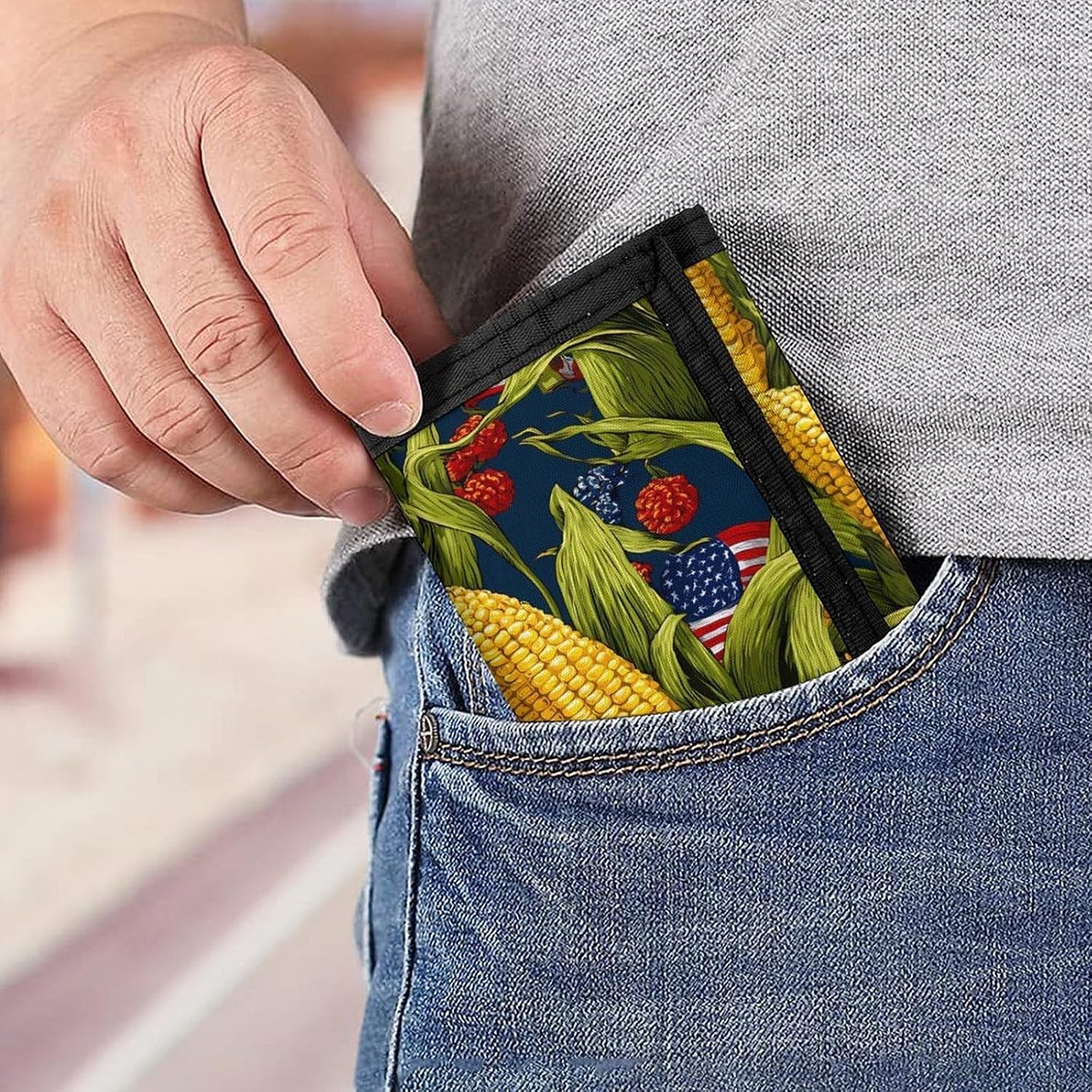 Corn And U.S. Flag Trifold Slim Wallet Front Pocket With Money Clip And ID Credit Card Slots For Travel Work