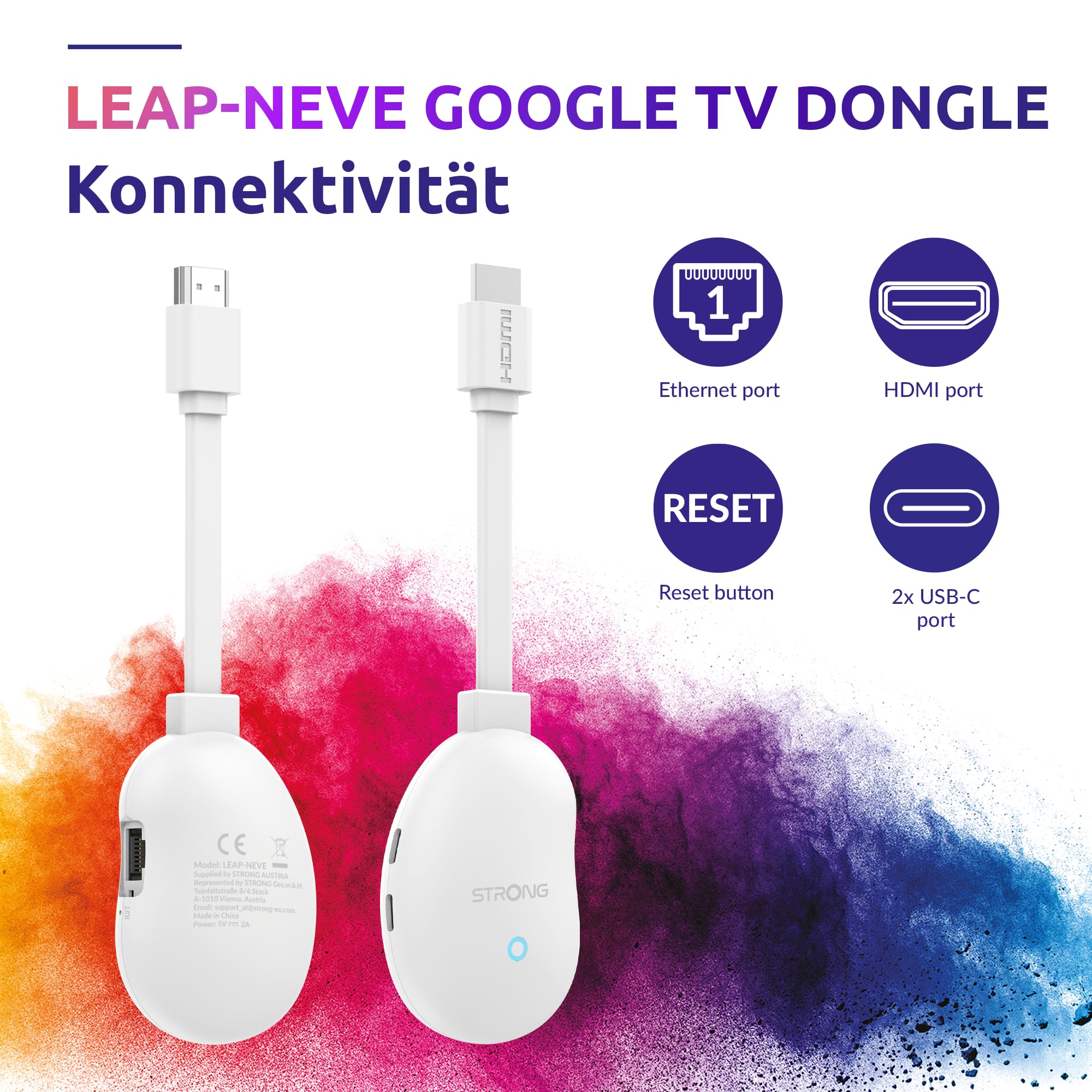 STRONG LEAP-Neve 4K UHD Google TV Streaming Stick Mit Integriertem Google Cast, 2GB RAM + 8GB Flash-Speicher, WLAN 6, Android 12, Ethernet-Anschluss, Dolby Vision & Dolby Audio - Weiß