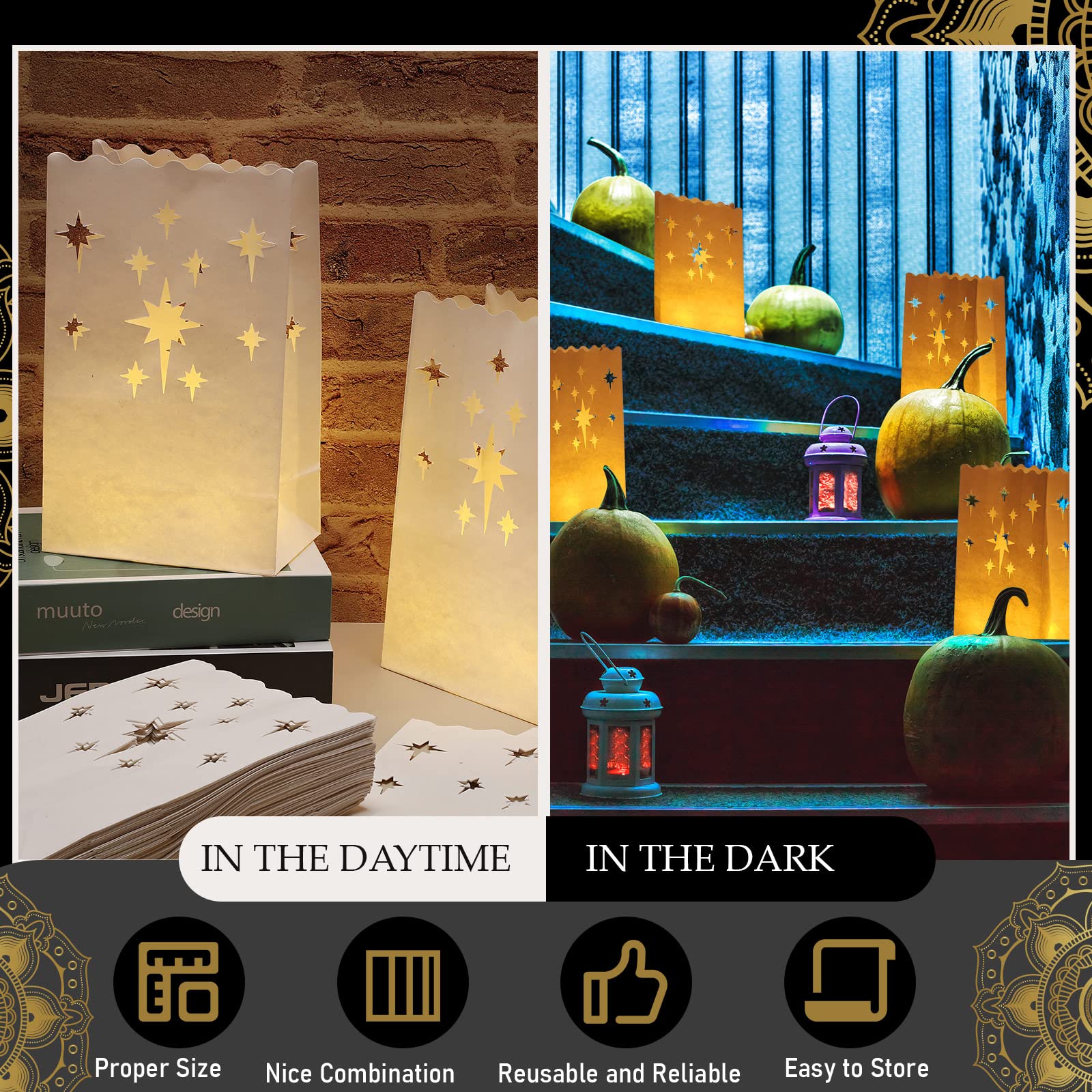 50 Set Luminary Paper Bags with Flameless Tea Lights, Christmas LED Tea Light Flameless Candle with Luminaries Candle Bag for Birthday Wedding Halloween Christmas Thanksgiving Party Decor (Firework)