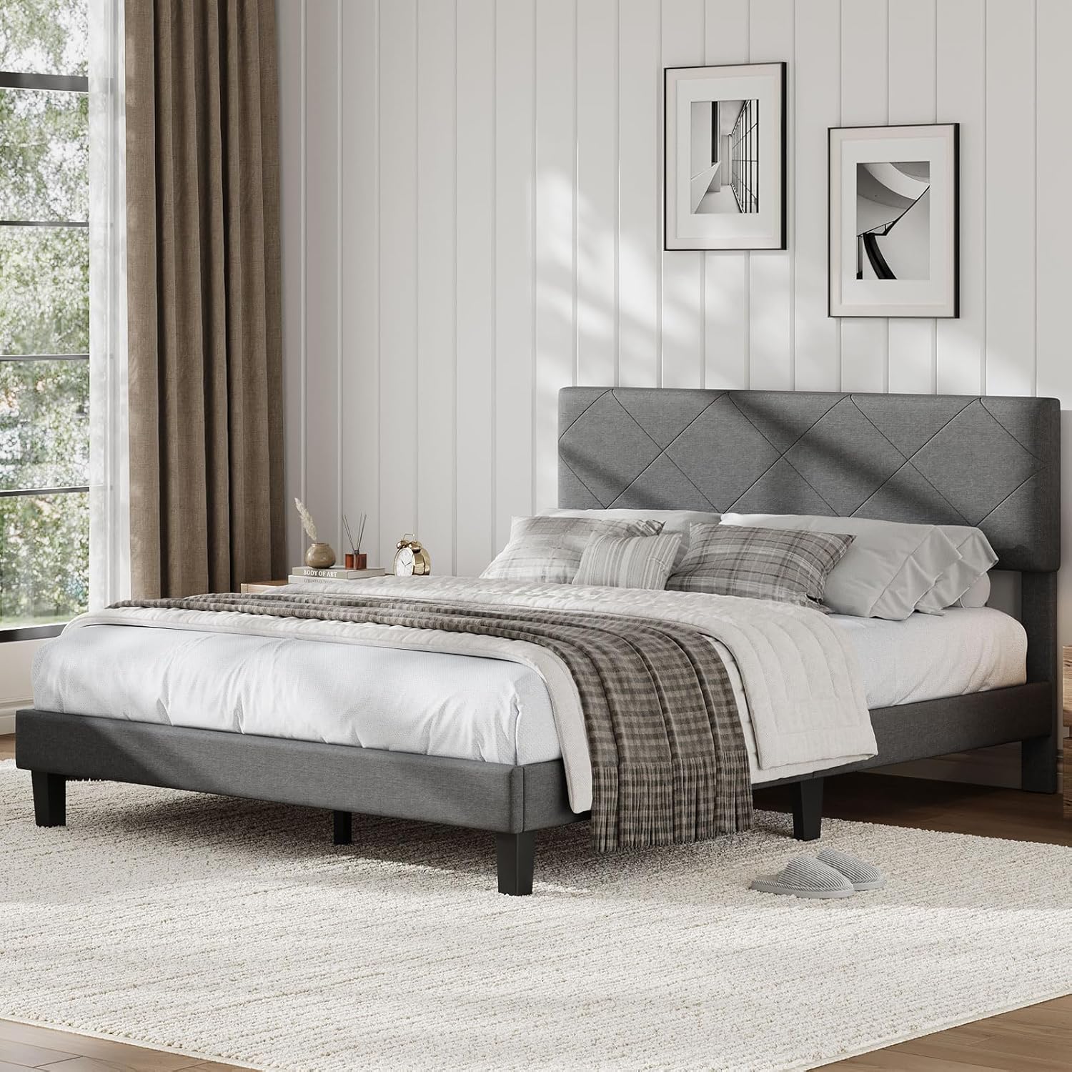 GAOMON Full Size Bed Frame with Upholstered Headboard, Linen Upholstered Platform Bed with Wooden Slat Support, Easy Assembly, No Box Spring Needed & Noise Free, Dark Grey