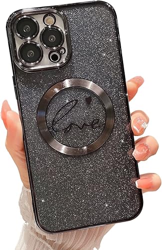 MGQILING Funda magnética con purpurina compatible con iPhone 11 Pro Max de 6.5 pulgadas, funda transparente de lujo, con diseño de corazón chapado