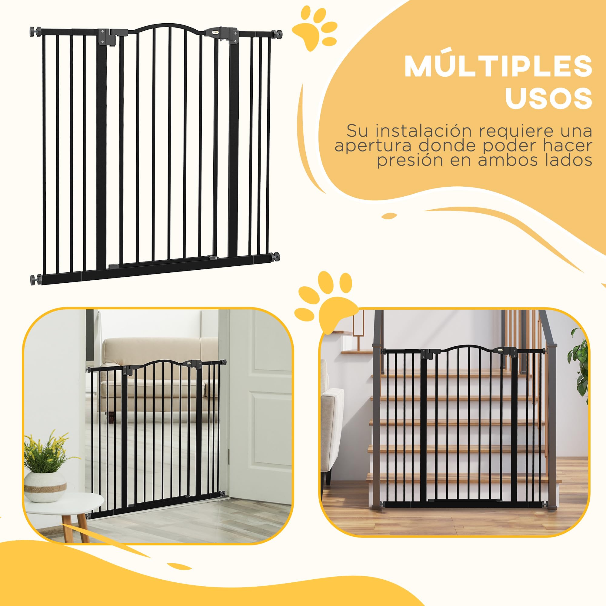 PawHut Barrera de Seguridad para Perros Extensible 74-100 cm, para Puertas y Escaleras, Barrera para Perros Medianos con 2 Extensiones 7/14 cm, Montaje a Presión y Doble Bloqueo, Negro