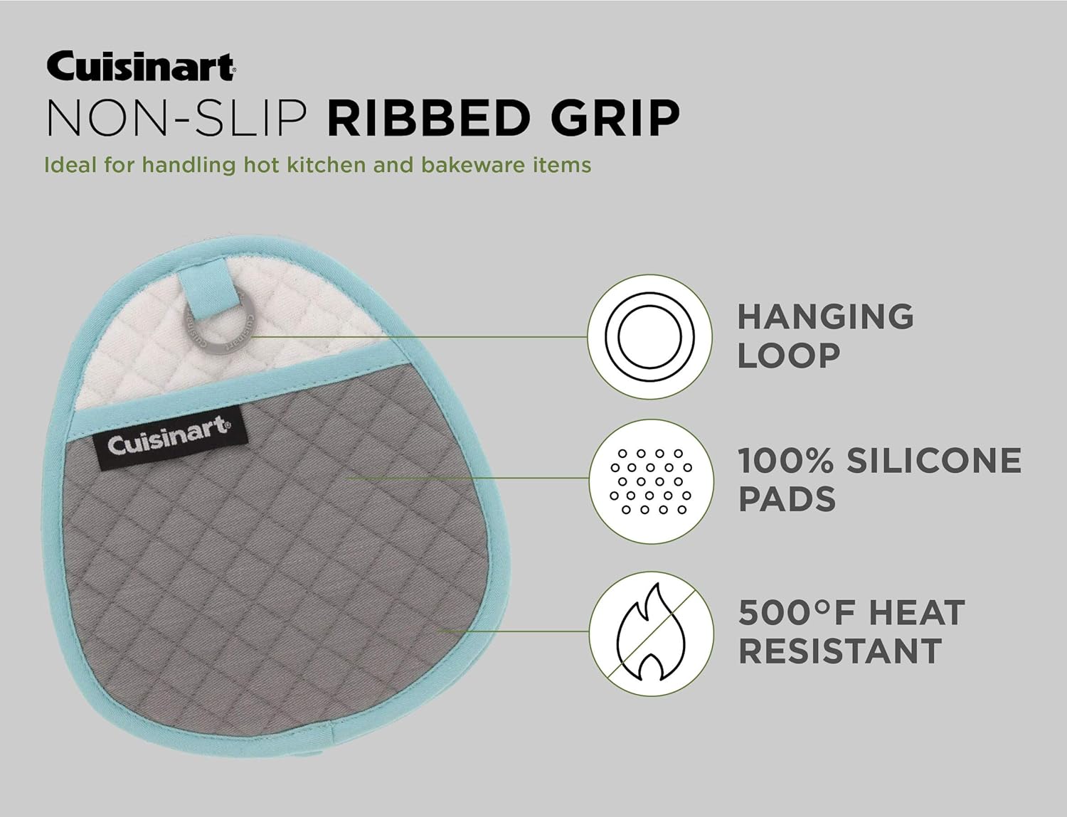 Cuisinart Quilted Silicone Pot Holders and Oven Mitts with Soft Insulated Pockets, 2pk - Heat Resistant Hot Pads, Potholder, Trivets with Non-Slip Grip to Safely Handle Hot Cookware - Drizzle Grey: Home & Kitchen