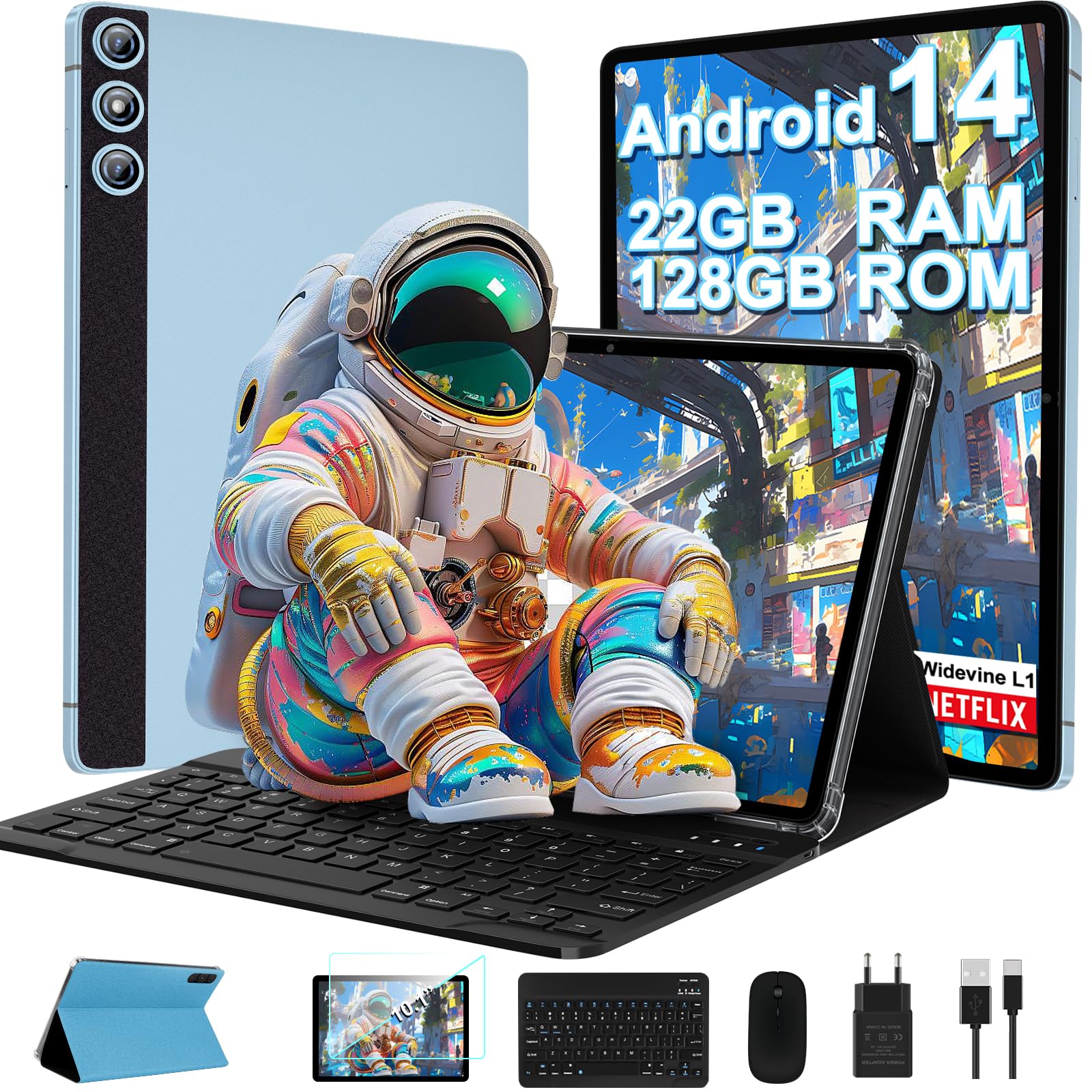 Android 14 Tablet, 2024 Tablets with 10 Inch IPS Incell Screen, 22GB+128GB (1TB Expand), 8000mAh Octa-Core Tablet with Keyboard, Mouse, Case, GPS, BT5.0, Support Widevine L1, Split Screen -Metal Blue