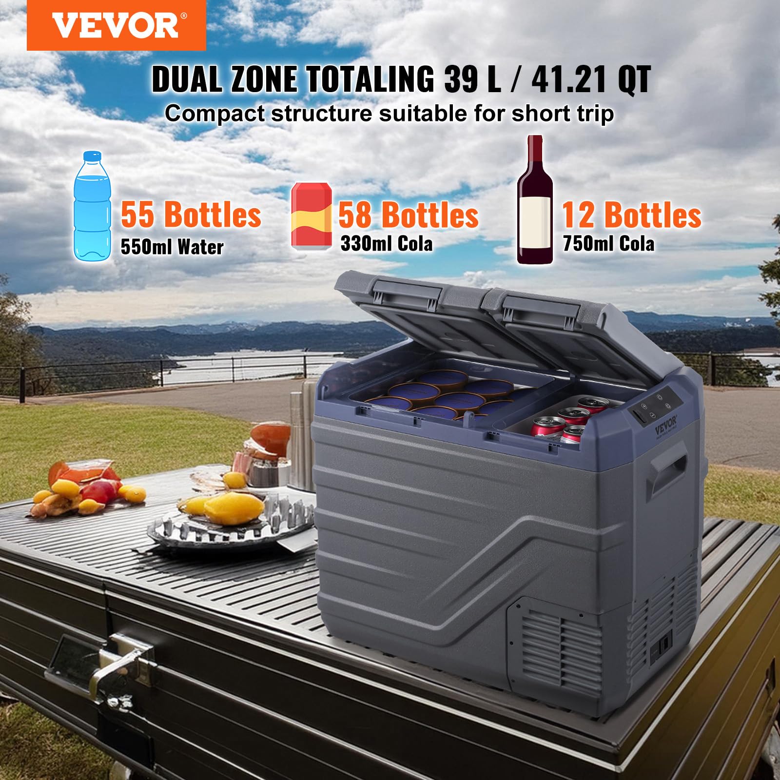 VEVOR Frigorifero per Auto, Congelatore Portatile Doppia Zona 40 L, 12 Volt, Gamma Regolabile da -20~20 ℃, Dispositivo di Raffreddamento a Compressore 12/24 V CC e 100-240 V CA per Campeggio Camper