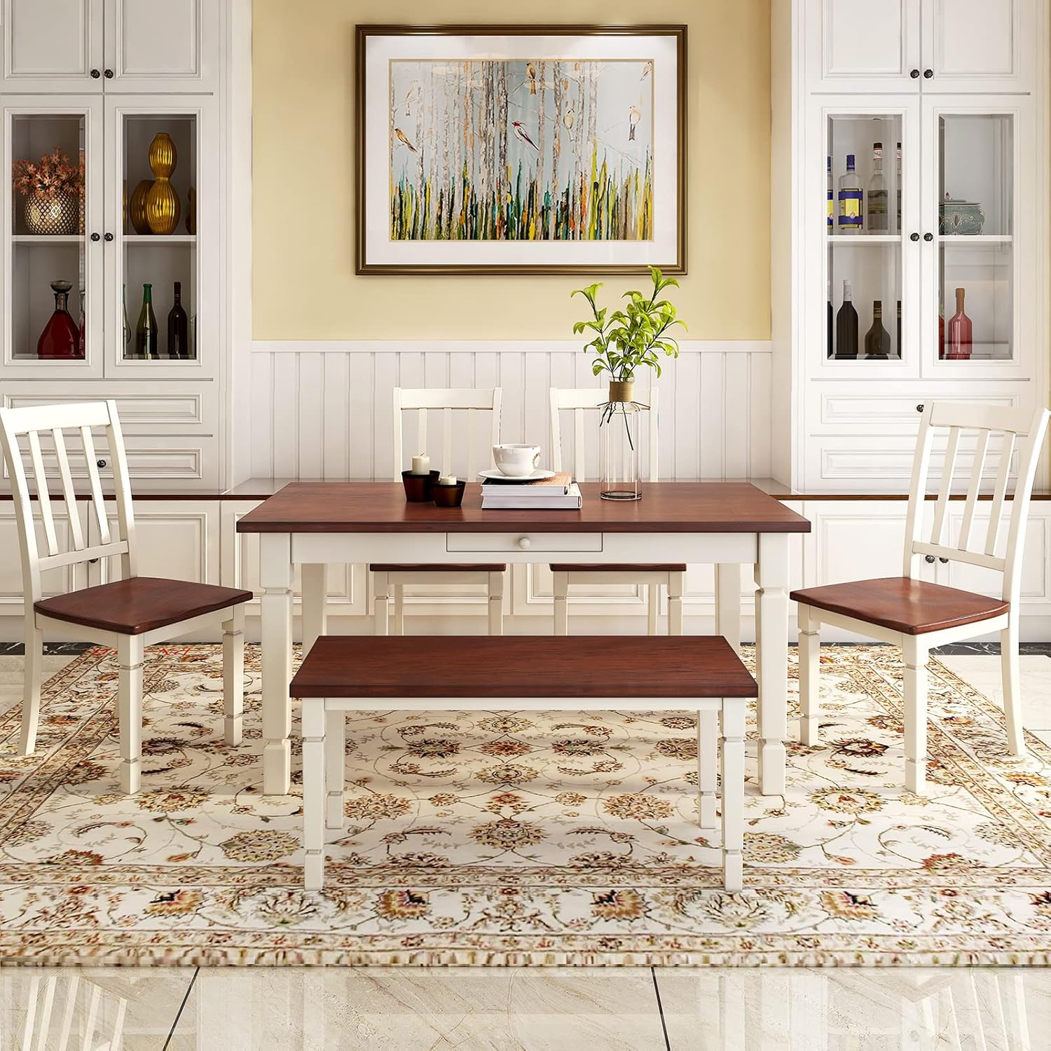 6Piece Kitchen Table Set, Farmhouse Rustic Dining Table Set Wooden Kitchen Dining