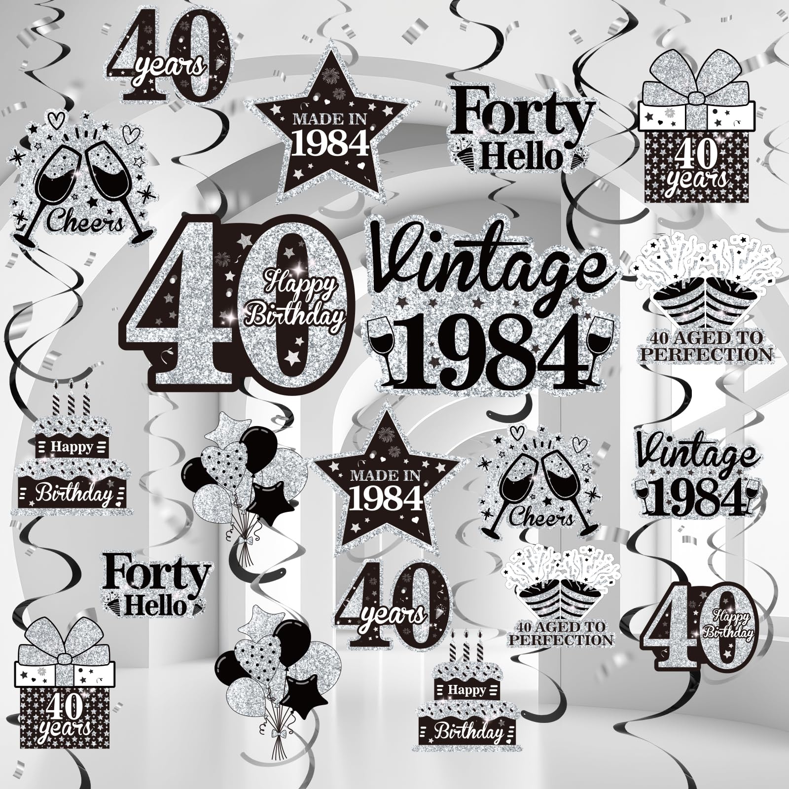 Black Silver 40th Birthday Decorations Hanging Swirls for Men Women 30pcs 40th Birthday Swirls Vintage 1984 Birthday Decorations 40th Party Supplies for Men 40 Years Old Birthday Ceiling Swirl Decor