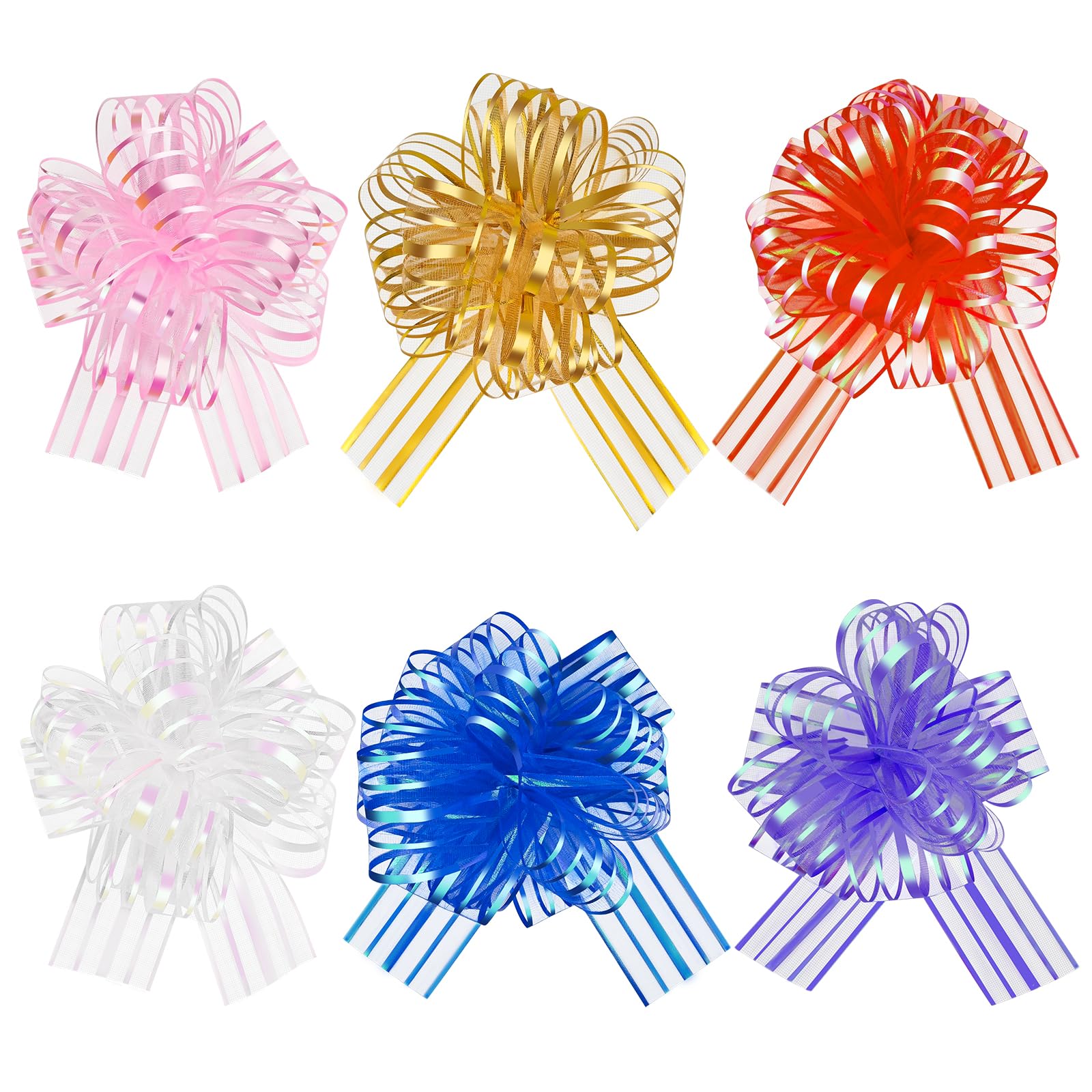 HHXUUAN 6pcs 6 Inch Large Organza Pull Bows for Gift Wrapping, Mixed Color Ribbon Bows for Baskets Wedding Christmas Valentine's Day