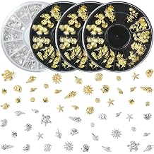 4 Disc Ocean 3D Nail Charms Nail Art Stickers Summer Beach Starfish Seashell Turtle Nail Decals, 12 Styles Metallic Jewelry Decoration for Manicure DIY Embellishments 3 Gold and 1 Silver