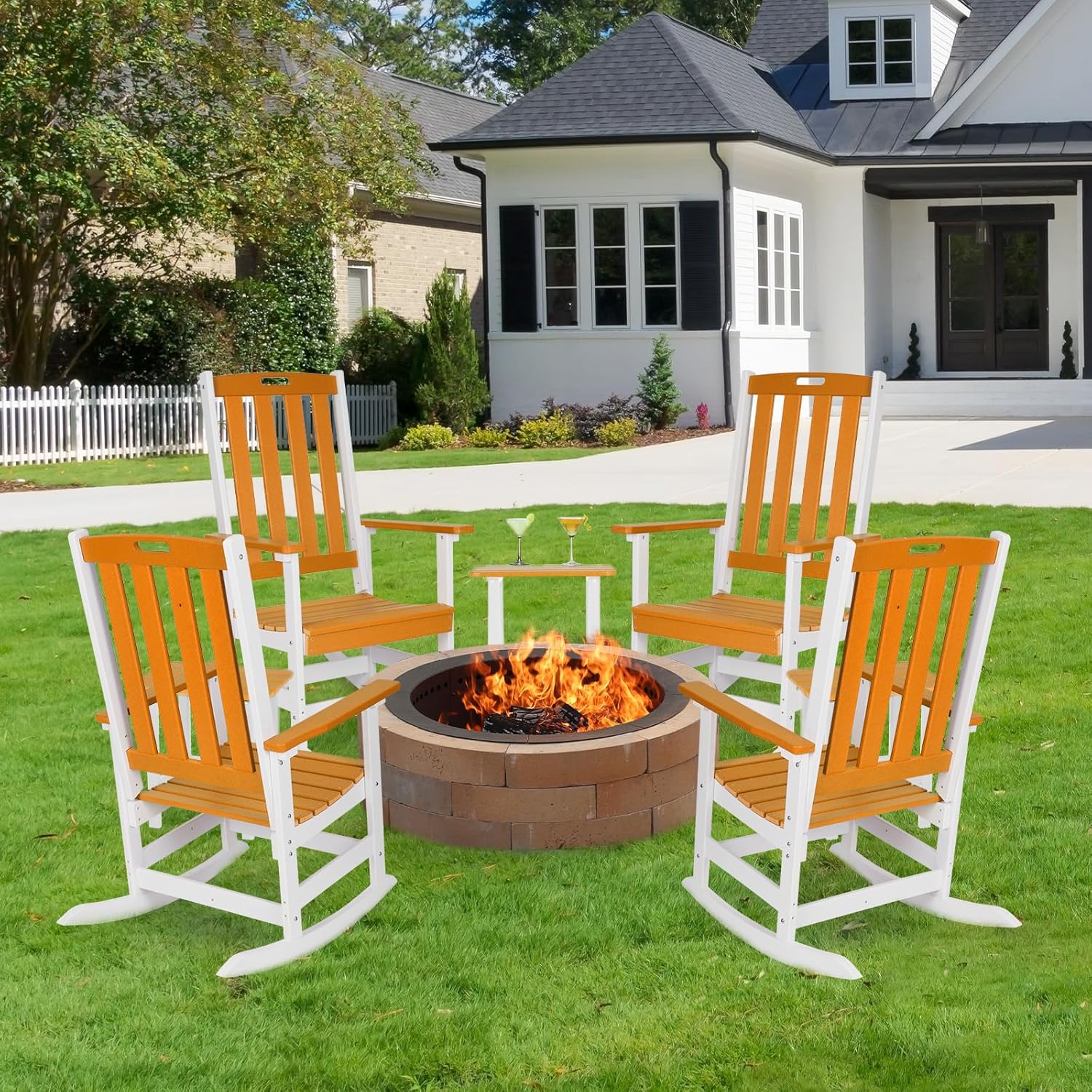 Aoodor Outdoor Rocking Chair, Ergonomic HDPE Rockers with All-Weather Design for Patio or Porch, Clashing Colors, Orange and White
