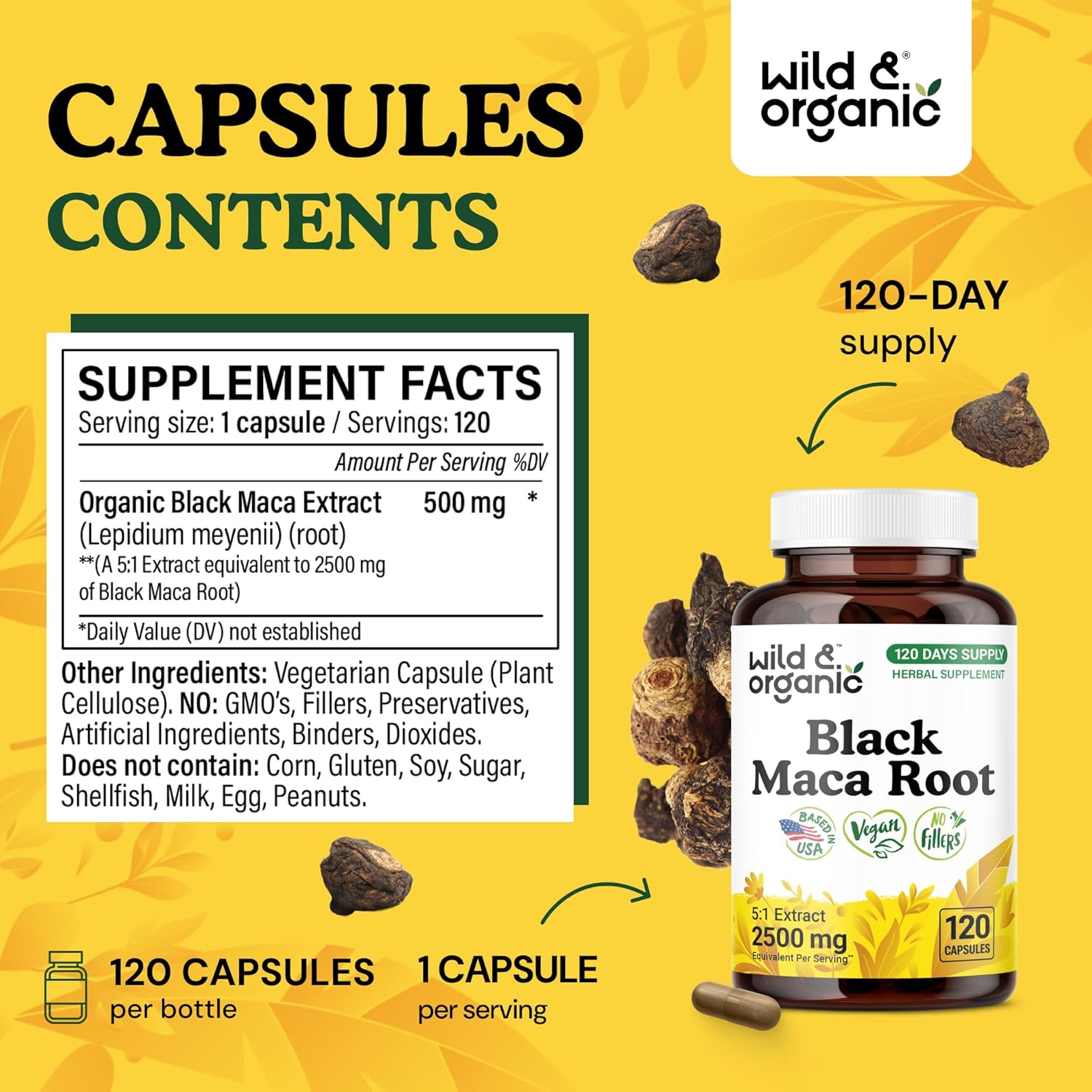 Wild & Organic Black Maca Root Capsules for Women & Men 500 mg - Overall Support - 120 Vegan Capsules with Maca Powder - Men & Women Supplement - 120 Days Supply, Non-GMO, No Fillers, Gluten-Free - Image 3