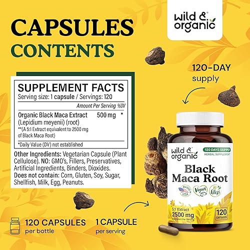 Miniatura 3 de Wild & Organic Cápsulas de raíz de maca negra para mujeres y hombres de 500 mg - Apoyo general - 120 cápsulas veganas con polvo de maca - Suplemento