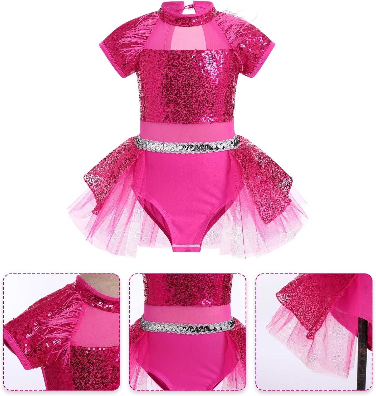 IBAKOM Sparkly Sequins Ballet Leotard for Girl Feather Mock Neck Jazz Hip Hop Dance Outfits Kid Acrobat Gymnastics Leotards