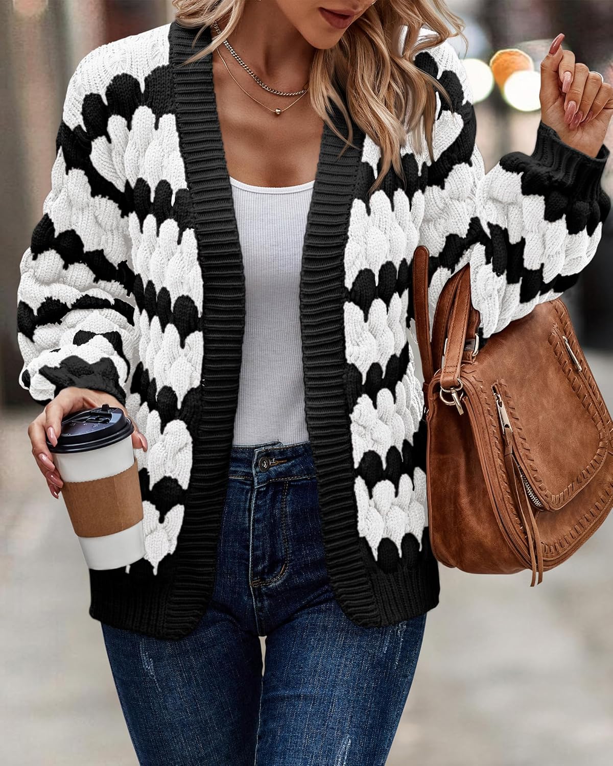 KIRUNDO Womens Cardigan Chunky Fall Fashion Lantern Sleeve Open Front Striped Color Block Cable Knit Winter Sweater Coats - Image 6