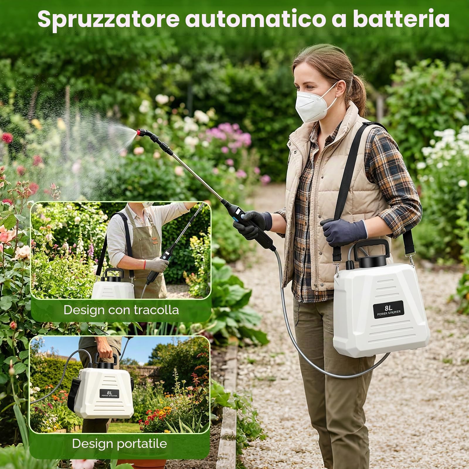 Irrigatore Elettrico a Batteria 8L, Spruzzatore da Giardino USB-C, 3 Ugelli, Lancia Estraibile, Cintura a Spalla, per Irrigazione e Diserbo