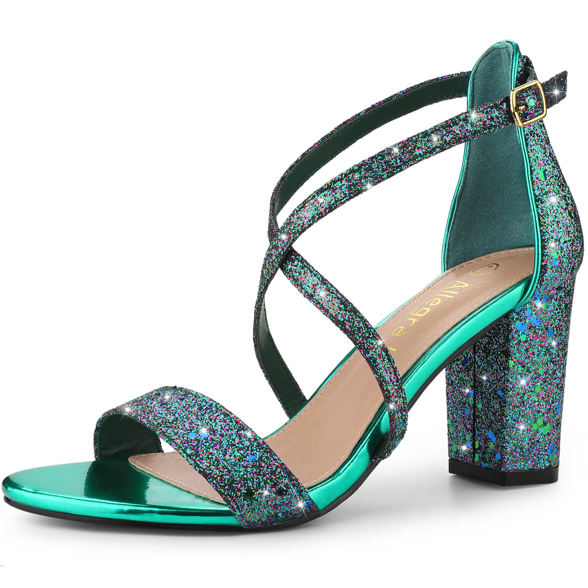 Allegra K Women's Glitter Crisscross Strap Block Heels Sandals