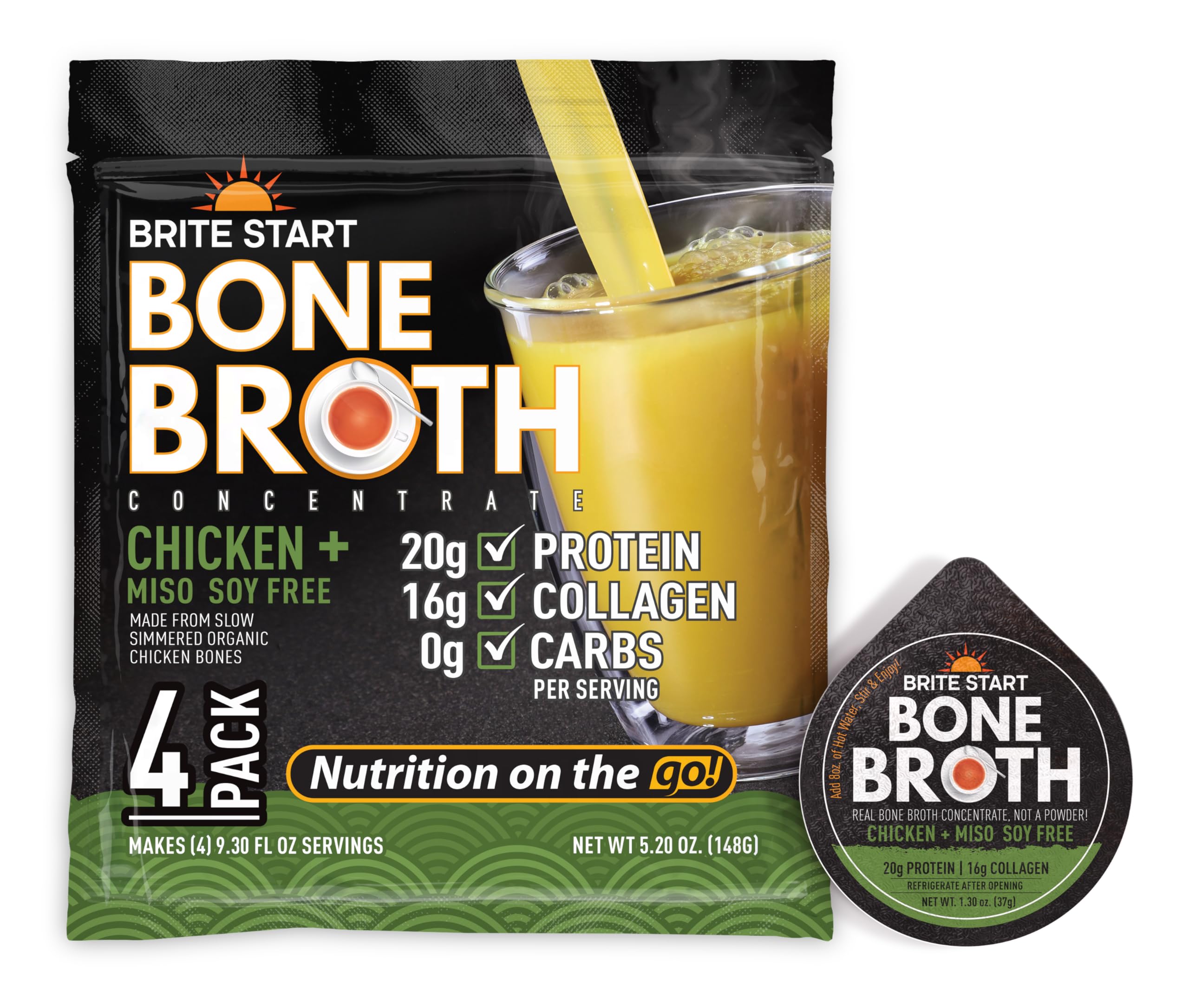 Brite Start Bone Broth - Chicken + Miso - 4 Count - Keto Friendly Concentrate Packed with 16g Collagen, 20g Paleo Protein - Made from Free Range Chicken Bones - Single Serve Packets