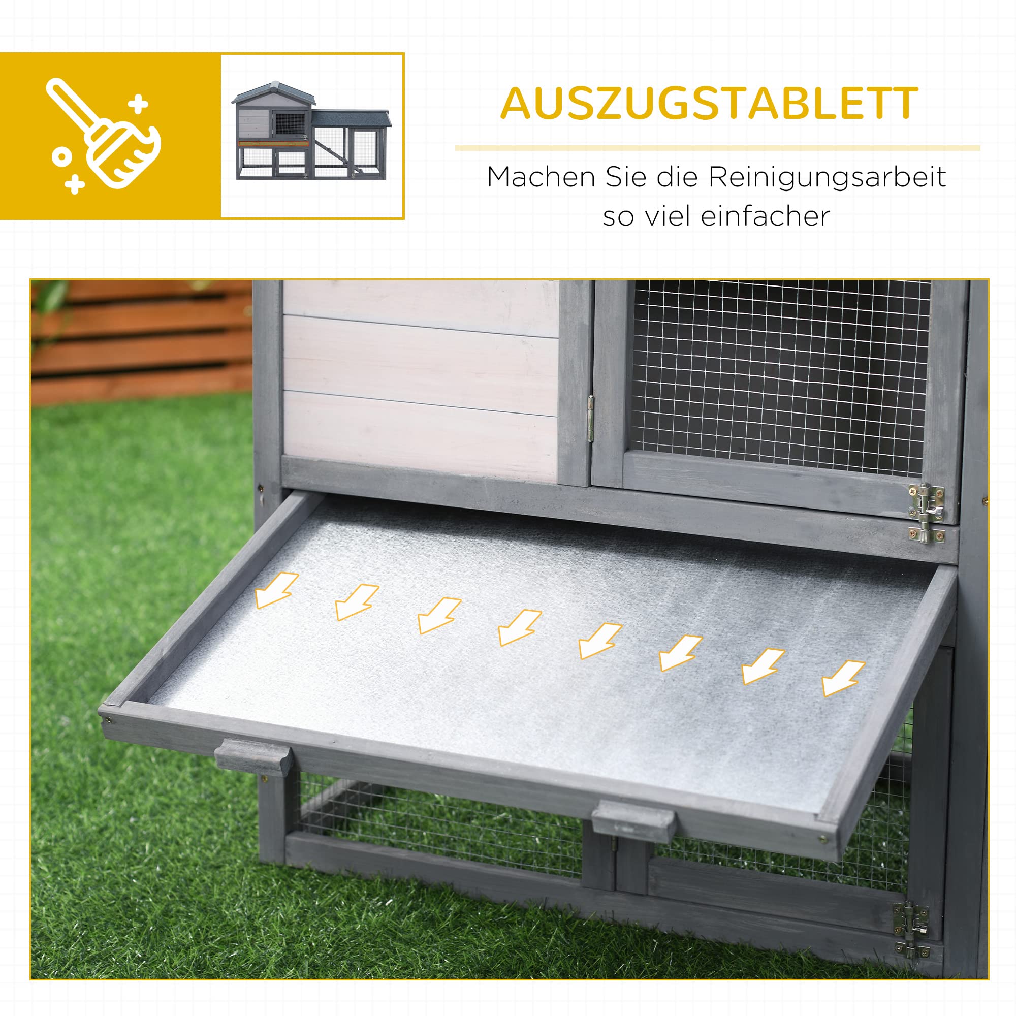 PawHut Kleintierstall mit Freilauf Kleintierkäfig Meerschweinchenstall MeerschweinchenKäfige für draußen Kleintierhaus Tannenholz Grau 147 x 54 x 84 cm
