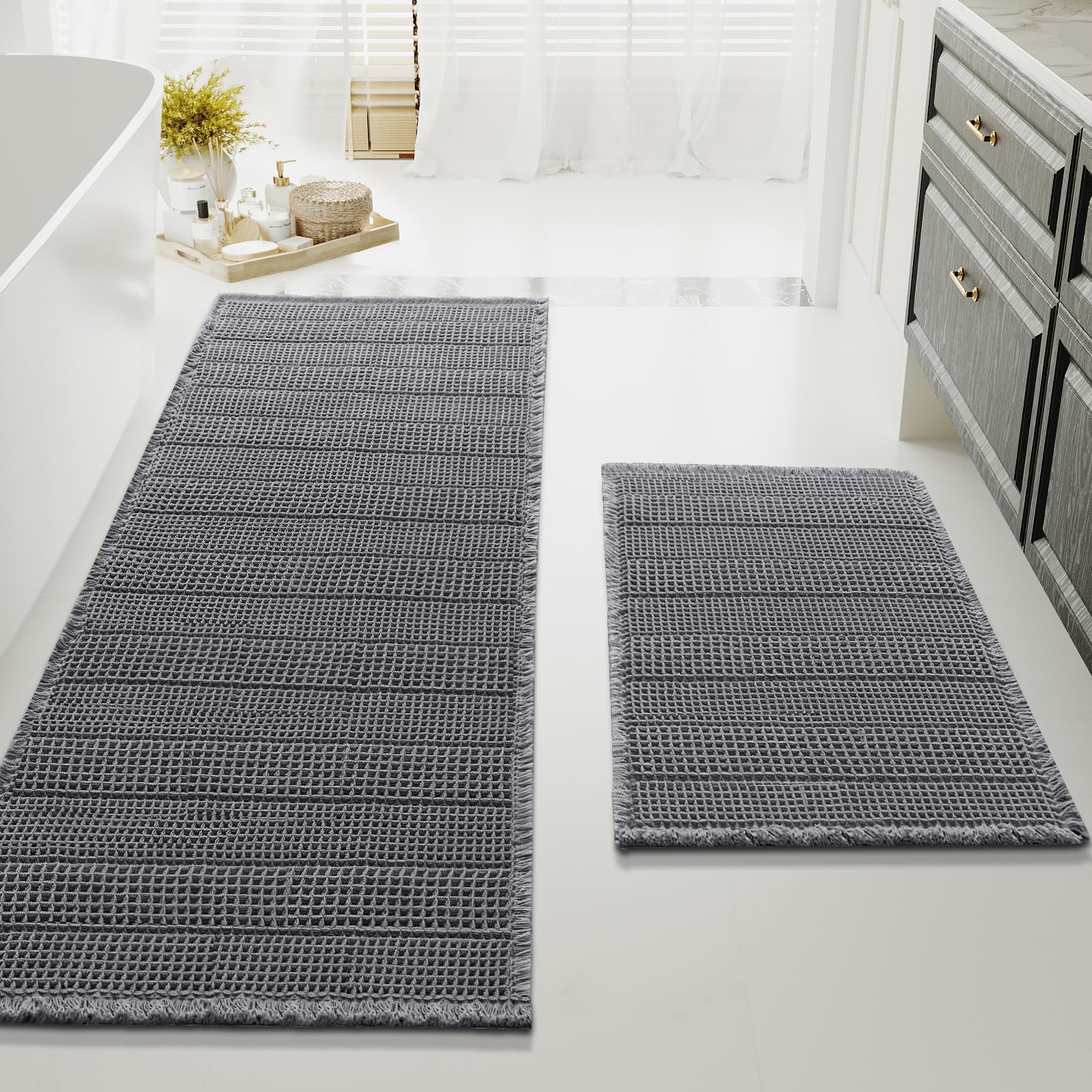 Waffle Bath Mat Super Absorbent Bathroom Mats Non Slip Bath Rugs for Bathroom Floor Machine Washable Ultra Soft Bathroom Rugs for Beside Tub, (32 x 20 Plus 24 x 60 - Inches, Grey)