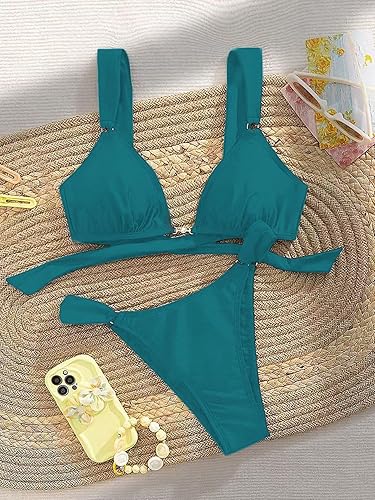 Miniatura 4 de QJQ - Conjunto de bikini de 2 piezas para mujer, con atrevida tanga brasileña, traje de baño con anillos de enlace en la espalda y estilo triángulo