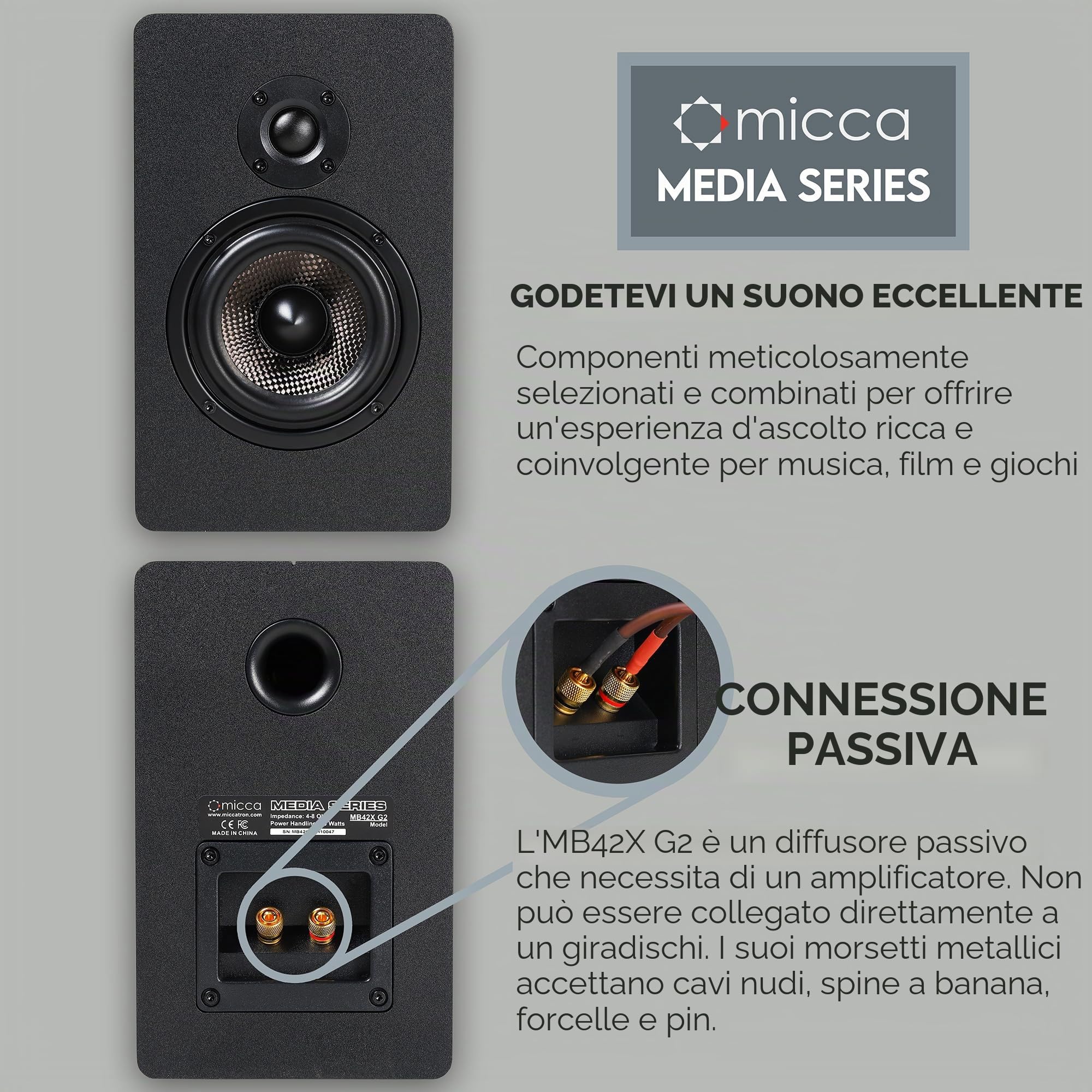 Micca MB42X G2 - Altoparlanti passivi da scaffale per home theater, suono surround, stereo e monitor passivo vicino al campo, 2 vie (nero, coppia)