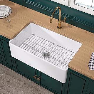 ﻿Miuara Farmhouse Sink 33 Inch - White Apron Front Kitchen Sink Reversible 33"x20"x10", Undermount, Farm House Style Large Deep Single Bowl, Heavy Duty Solid Fireclay, Glossy White, for Kitchen
