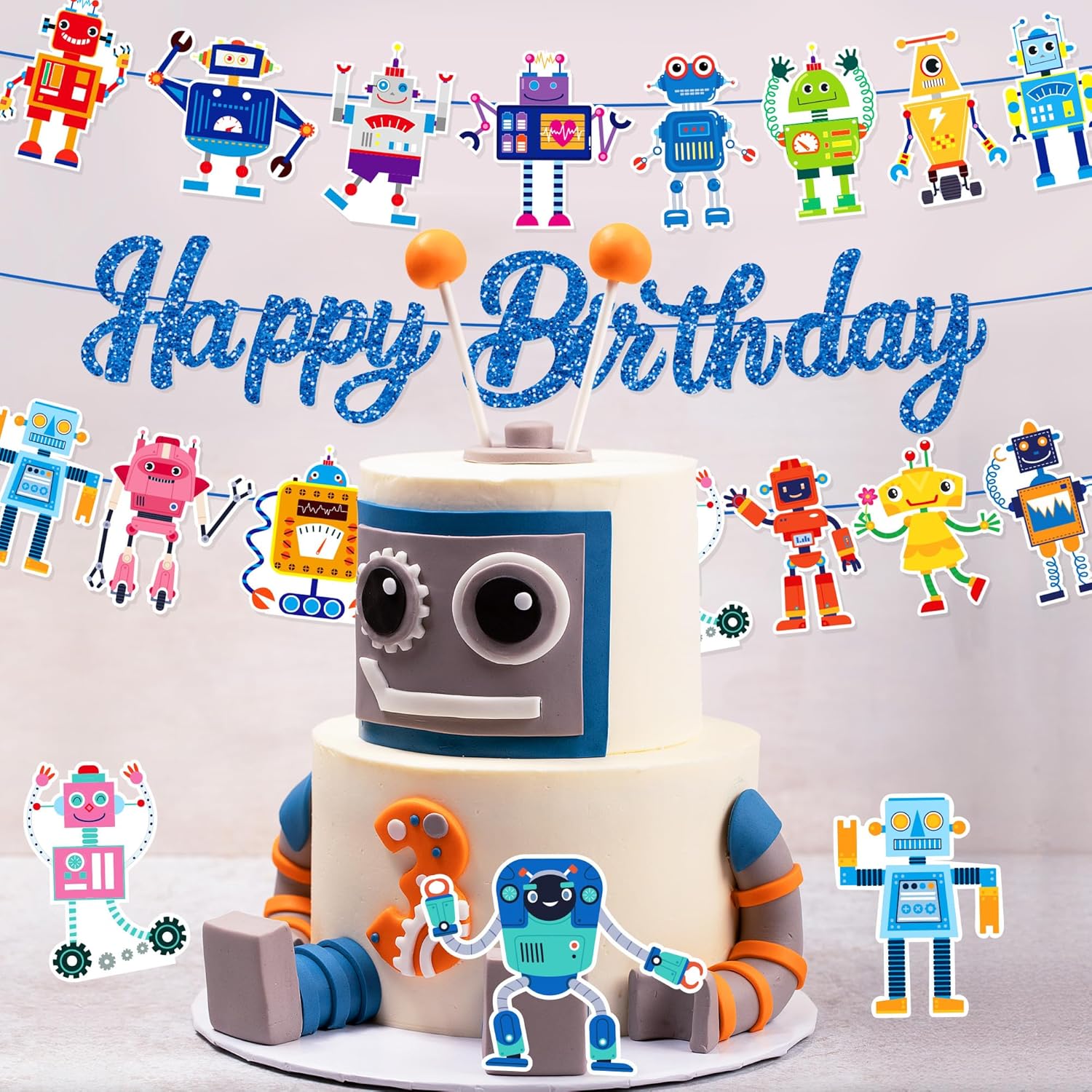3Pcs Fun Robot Birthday Party Banner Cartoon Decorations Pink Robot Happy Birthday Banner Robots Banners Sign for Cartoon Baby Shower Party Supplies