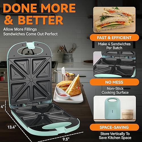 Miniatura 4 de Baker's Friend Sandwicherera de desayuno, 4 rebanadas de panini, sandwichera eléctrica con luz indicadora, sándwiches de queso y huevo, aguamarina