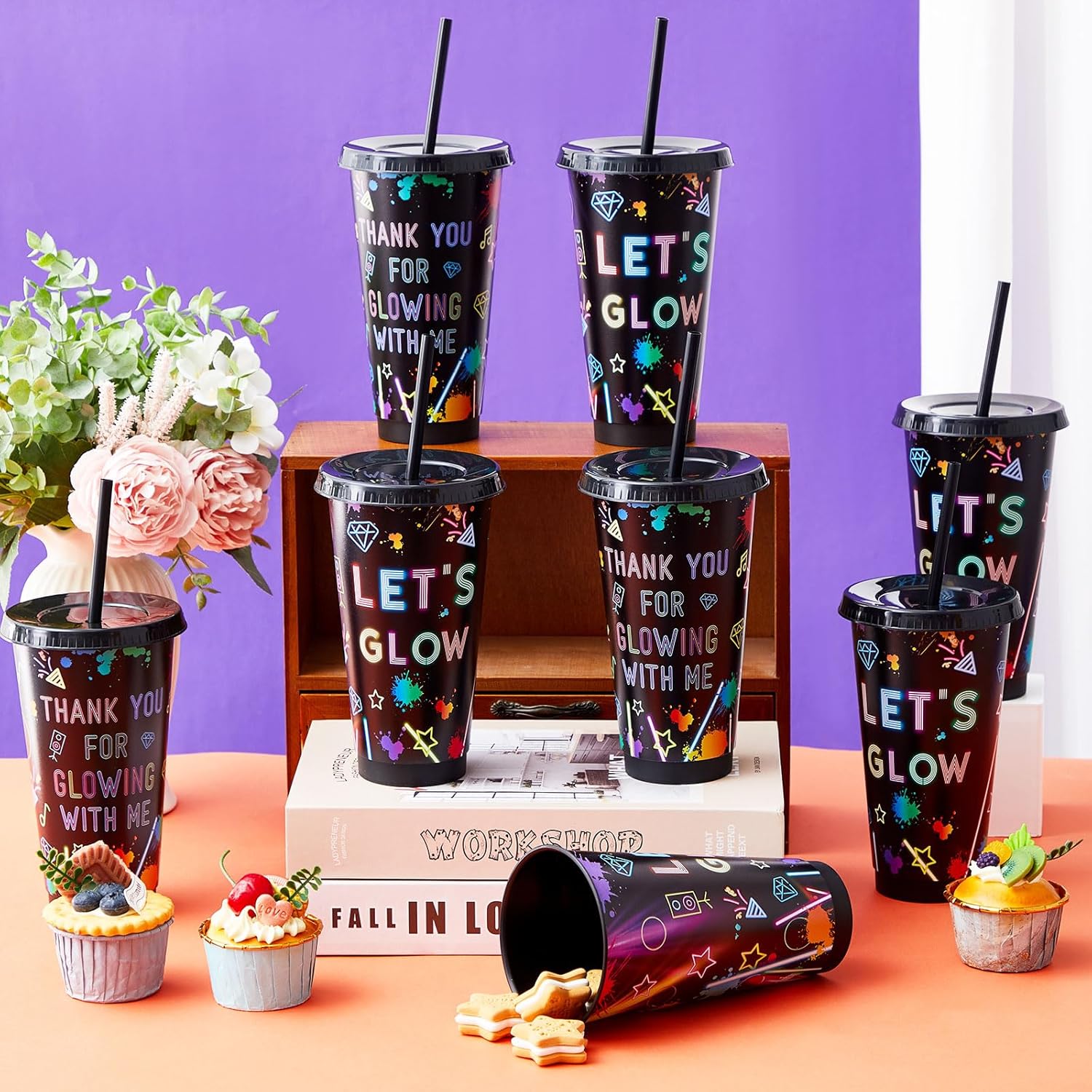 Chuangdi 12 Pcs 24 oz Neon Party Plastic Cups with Lids and Straw Reusable Tumblers Gifts for Glow Party Favors Decorations Night Event Birthday Supplies - Image 4