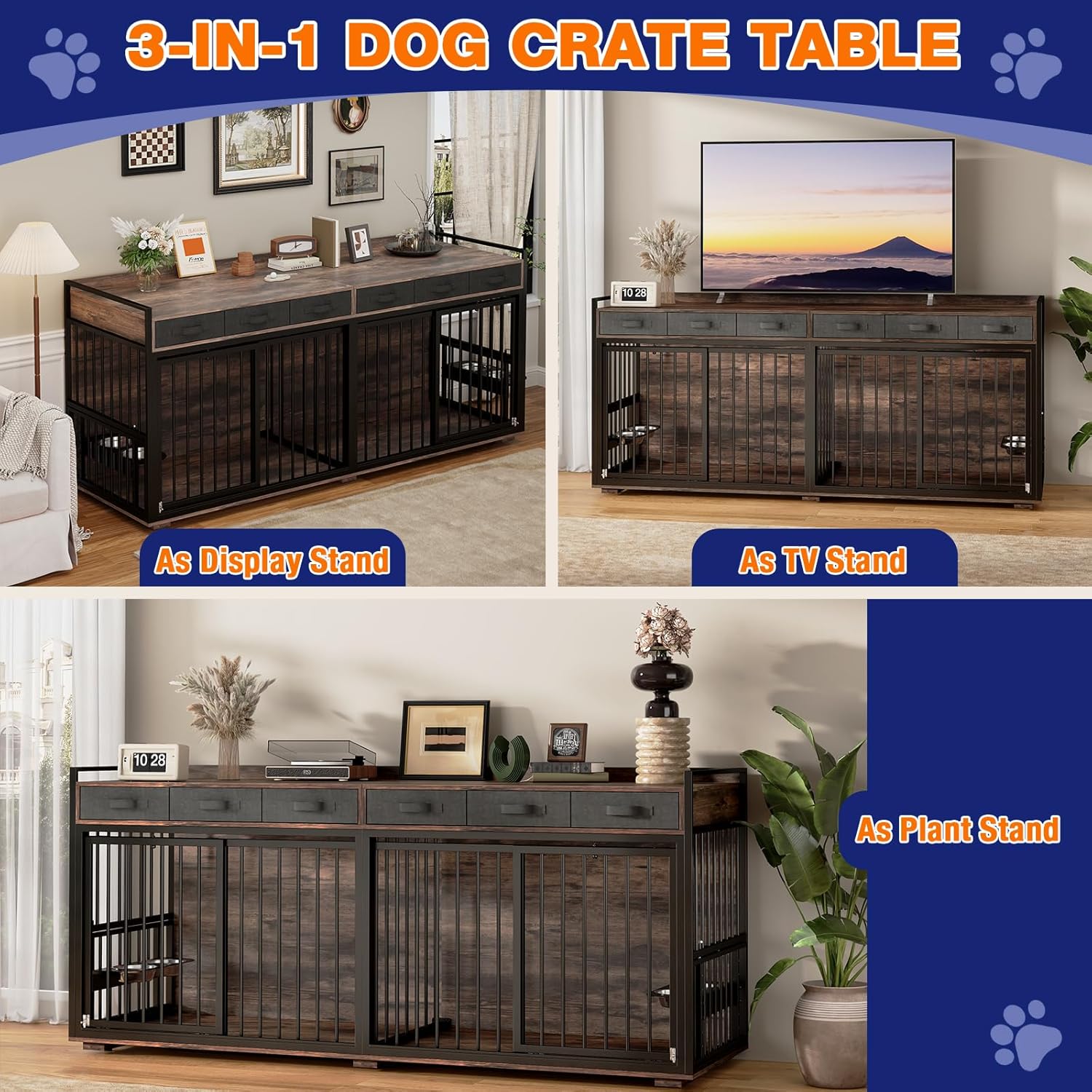 86.6" Large Dog Crate Furniture,Chew-Proof Metal Frame Wooden Double Dog Kennel TV Stand Table with Rotatable Dog Feeder Bowls and Drawers for 2 Dogs Indoor,Rustic Brown