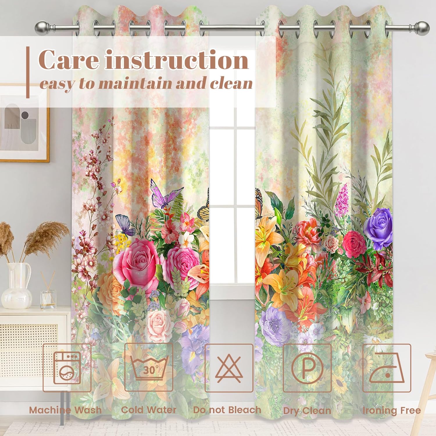 Spring Floral Blackout Curtains, Colorful Flower Butterfly Wildflower Watercolor for Women Window Drapes for Bedroom Living Room, 63 inch Length 2 Panels Set 63 in x 52 in